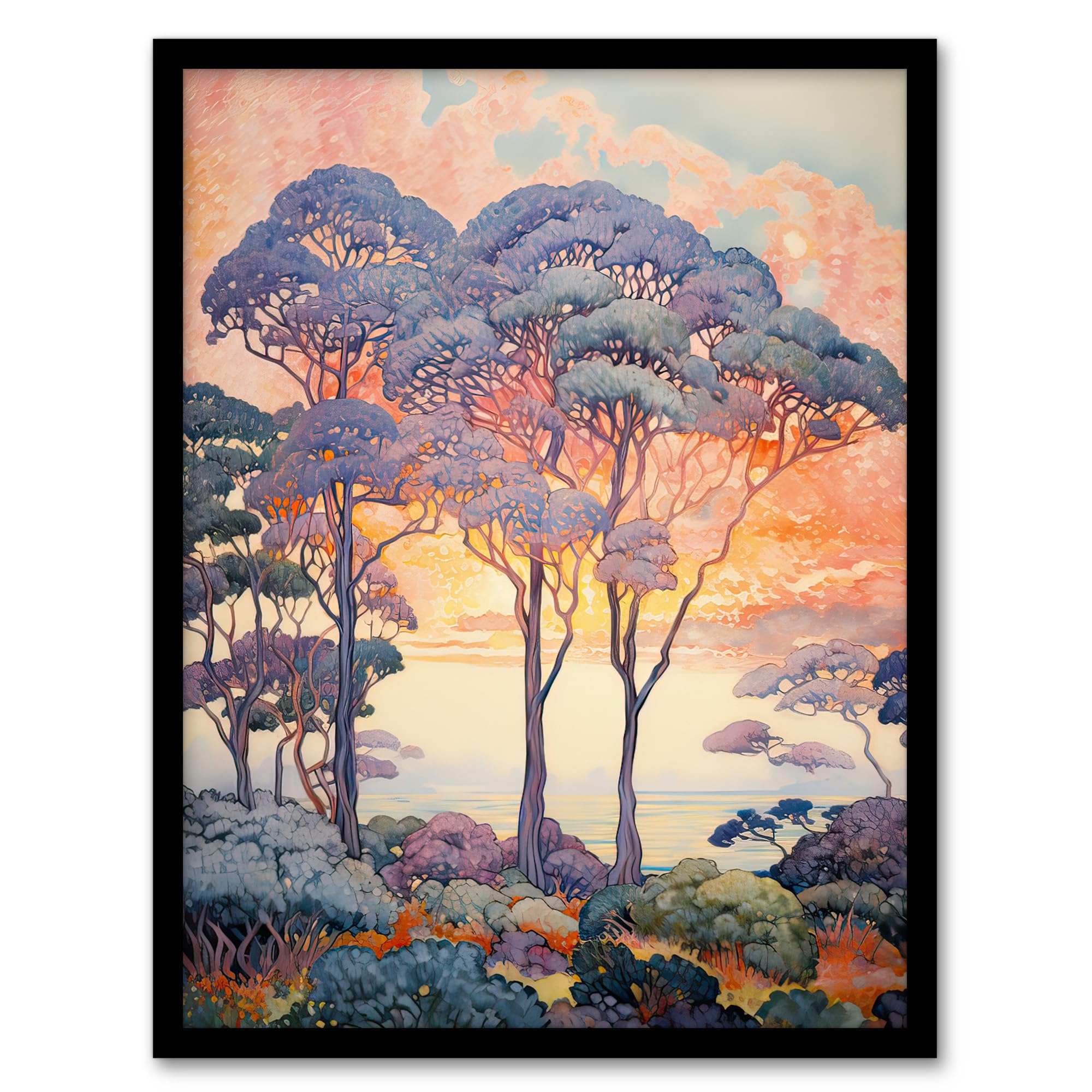 Artery8 Coastal Sunrise Behind Trees Orange Blue Purple Artwork Framed Wall Art Print 18X24 Inch