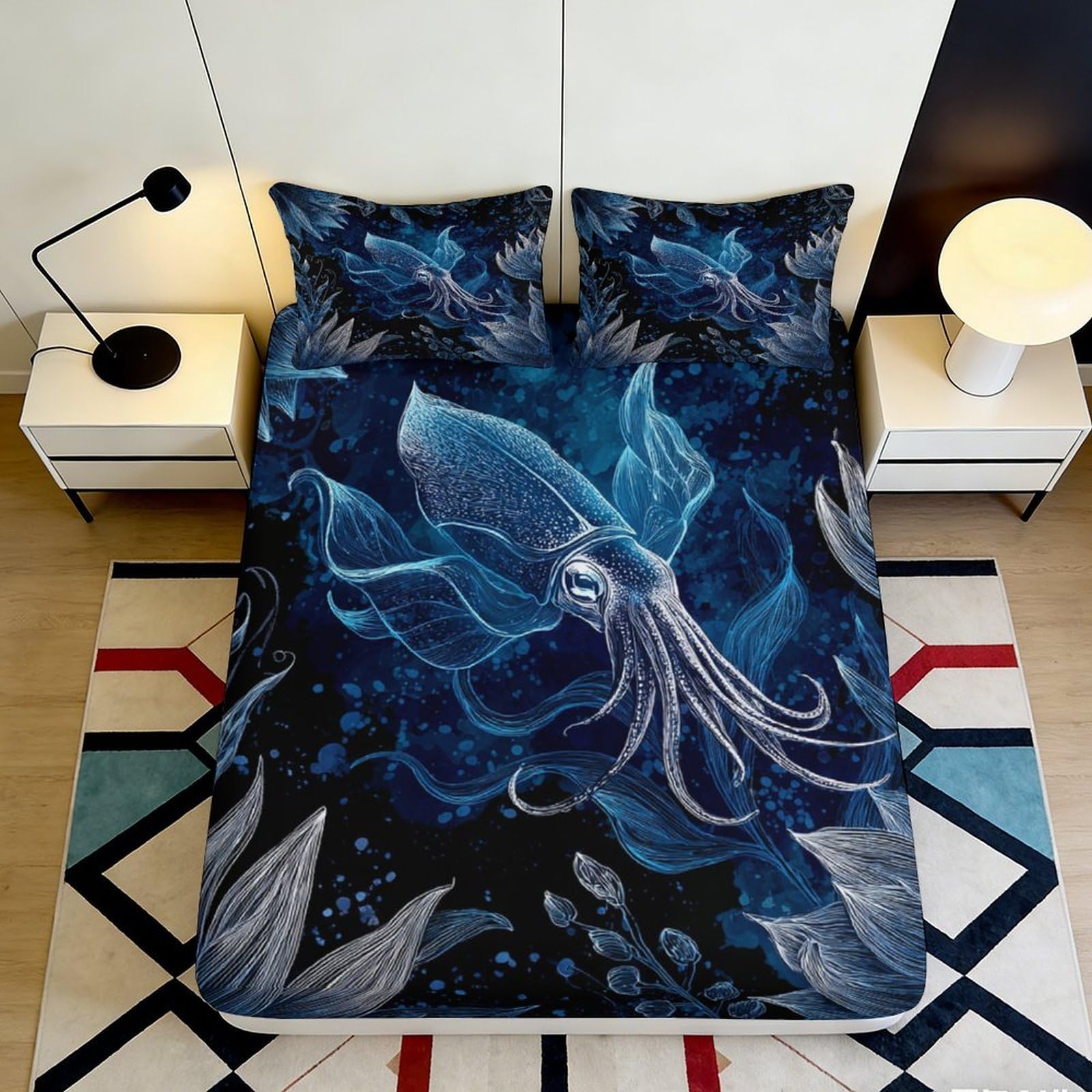 Jqzkxnhpbr Style-3 3D Printed Deep Blue Squid Fitted Sheet Microfiber Ocean Underwater Bed Cover For Bedroom Dorm Decor Protection 90X200x25cm