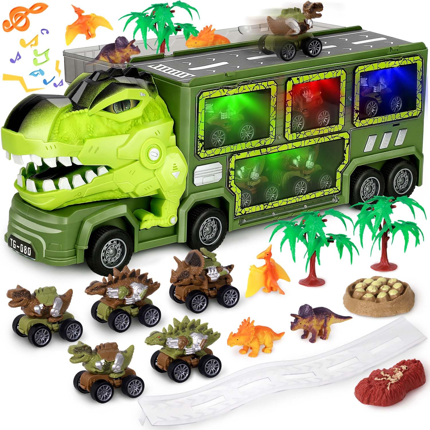 Hatisan Dinosaur Toys Truck for Kids 3-5 Years, Tyrannosaurus Dinosaur Truck Toy with 8 Dino Figures, Transport Cars, Activity Play Mat, Dinosaur Eggs for Kids Toddle Boys Girls(T-rex Dino)