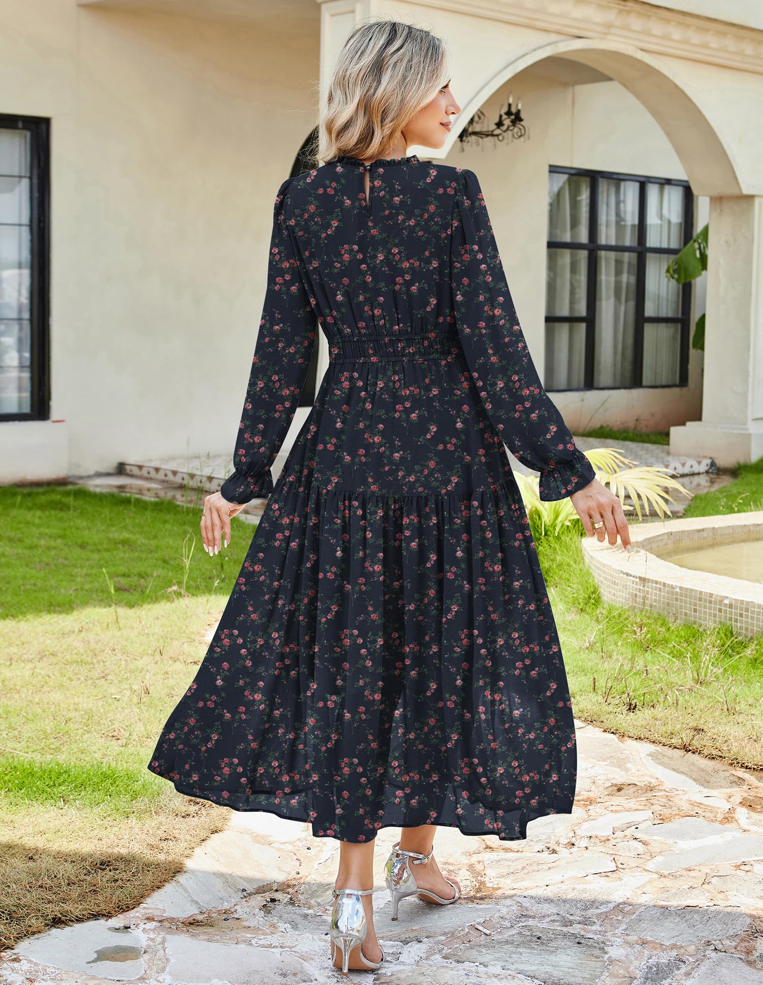 GRACE KARIN Abito Donna in Chiffon con Maniche Lunghe Vita Elastico Gonna a Balze Linea A Elegante per Feste | Abito da sposa elegante con scollo rotondo, per feste, cocktail, sera