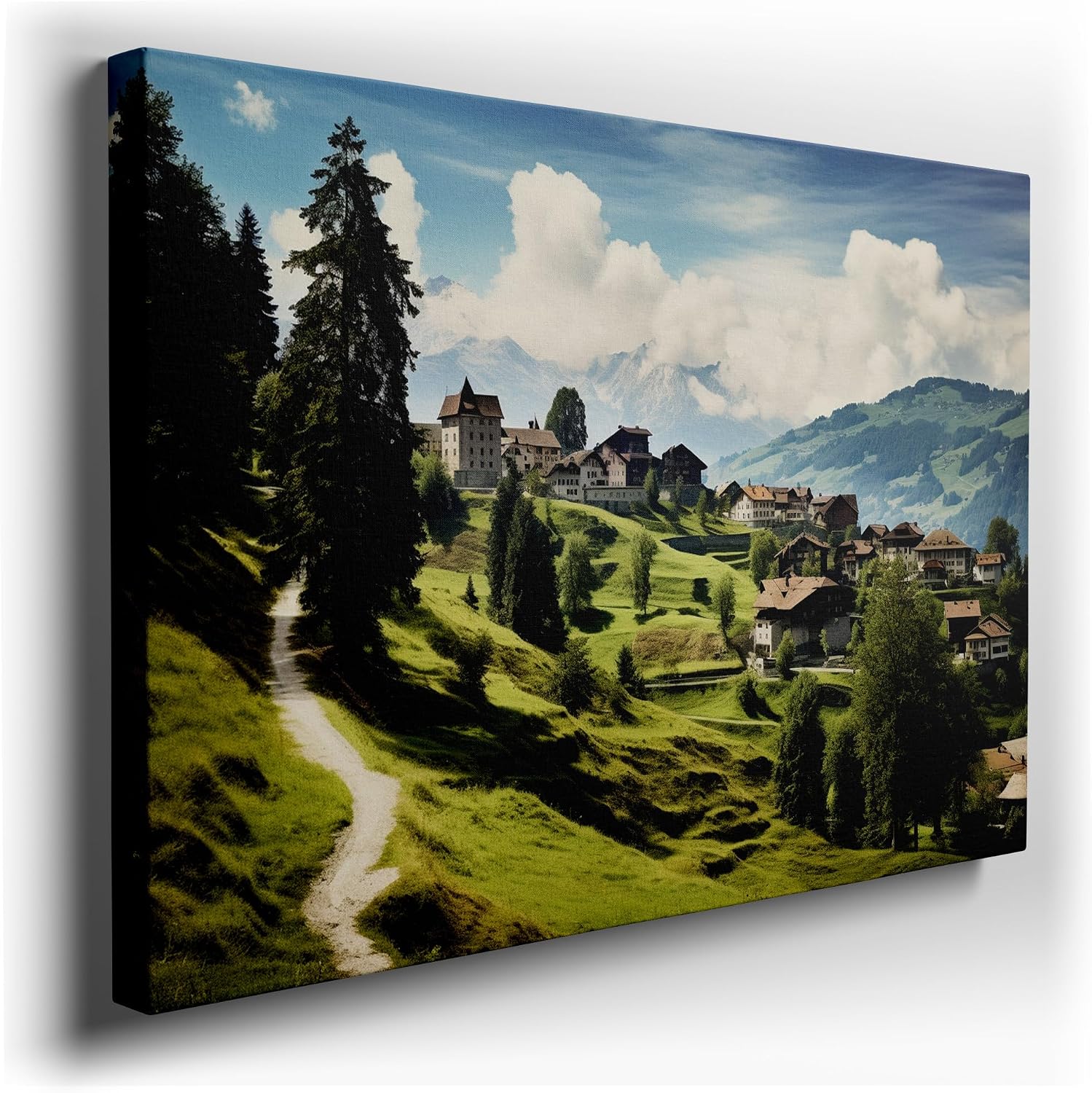 Canvas for Living room. Alpine Serenity in a Swiss Town Where Green Hills Embrace Quaint Charm, 27 x 18 inch Canvas Wall Art - Ready to Hang