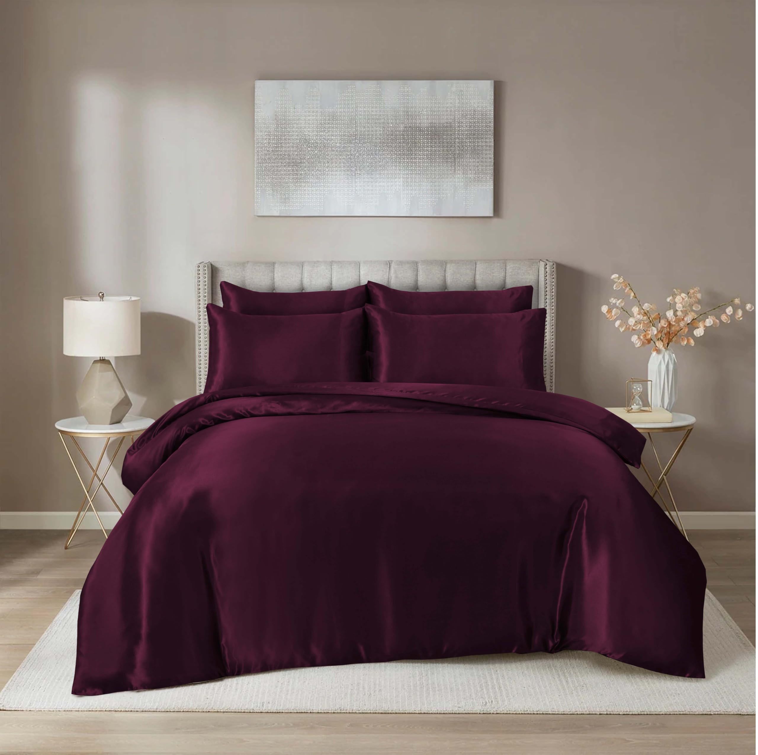 Hadi London Satin Silk 6 Piece Complete Bedding Set with Silky Deep Fitted Sheet Reversible Duvet Cover Comforter & 4 Pillowcases for Single Double King Super King Size Bed (Burgundy, Super King)