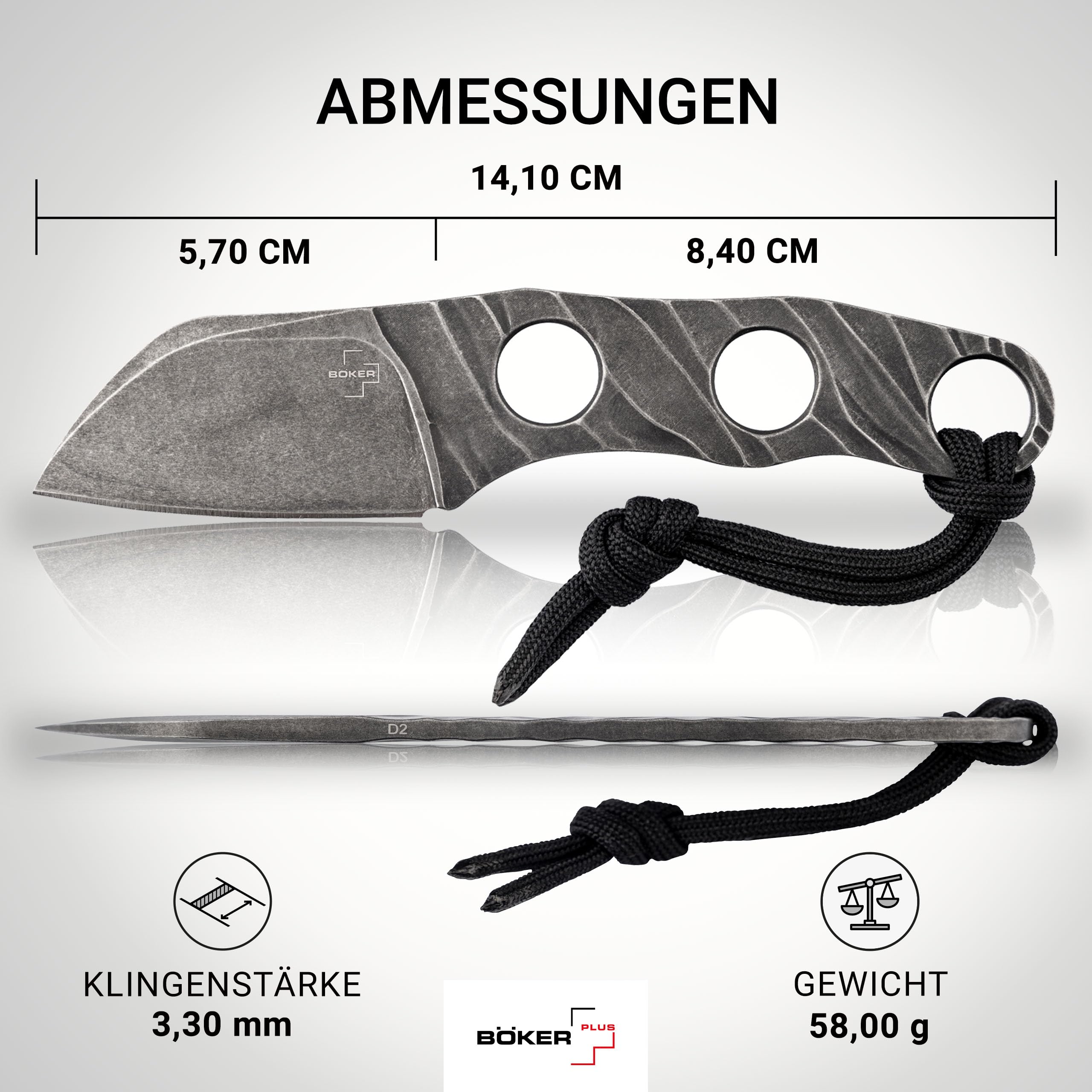 BÖKER PLUS® Kazhan Neck Knife - feststehendes EDC Neck Knife mit 5,7 cm D2 Sheepfoot-Klinge - Backup Halsmesser mit Kydex-Scheide - EDC Nackenmesser mit Kugel-Kette