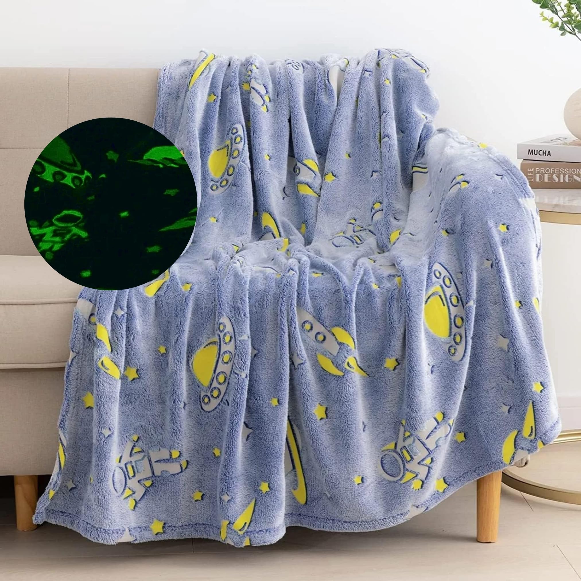 Famyo Glow in the Dark Blanket Combo for Kids, Rocket & Unicorn 2