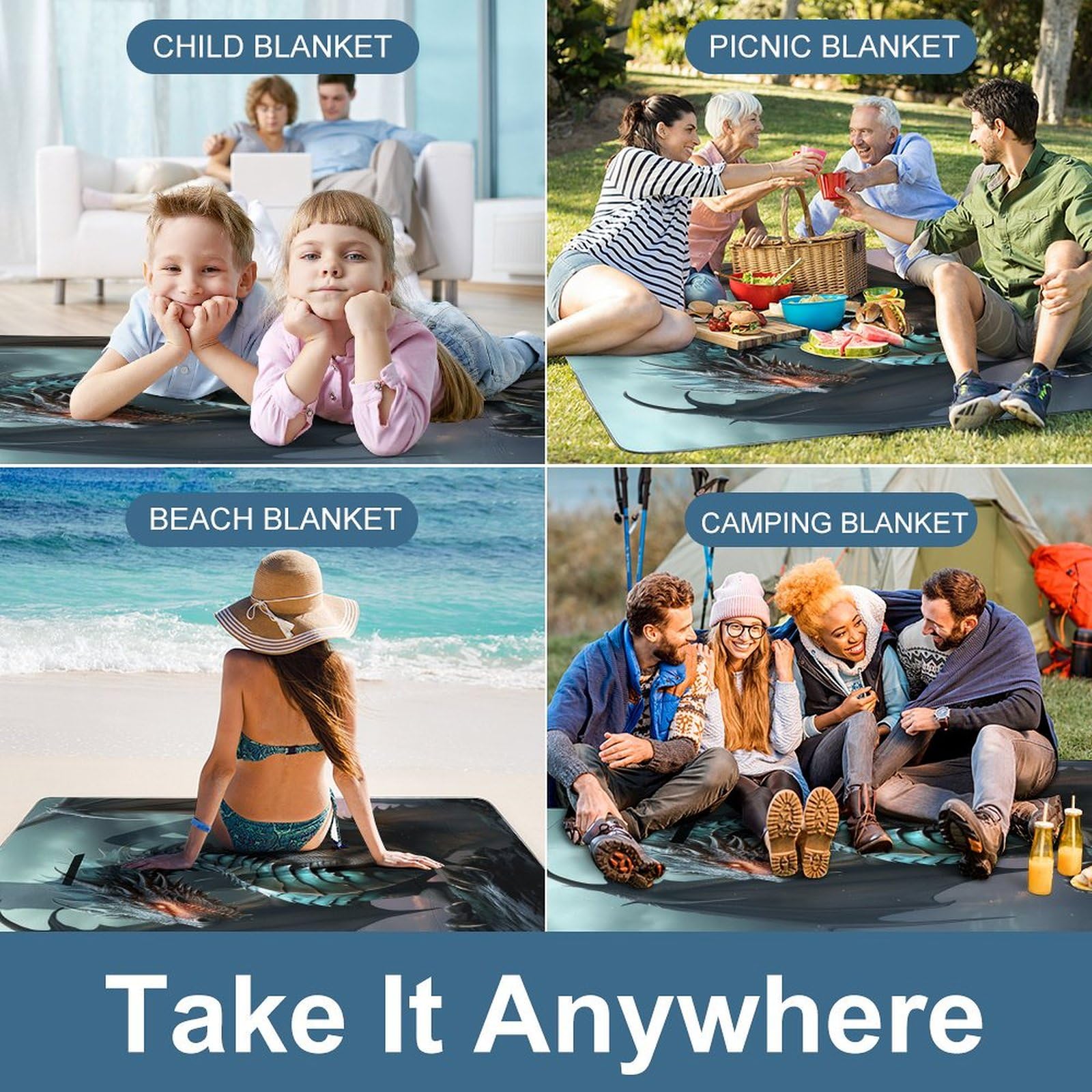 Coperta da picnic da spiaggia, coperta da picnic con stampa drago, impermeabile, pieghevole, extra large, tappetino quadrato da picnic, per escursioni, viaggi, campeggio all'aperto, parchi