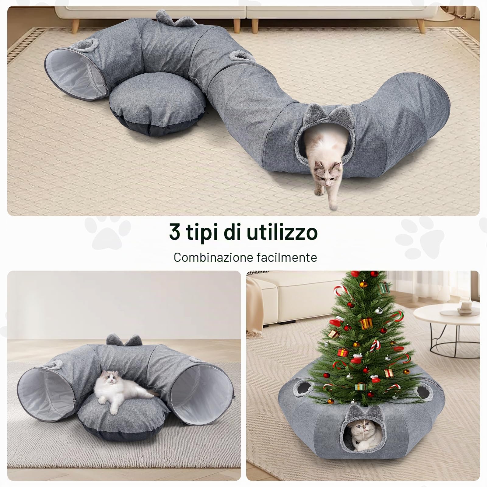 Odoland Tunnel per gatti con letto, pieghevole, grande, a forma di ciambella, in lino | Gioco interattivo per gatti, tunnel giocattolo con palla, per gatti, gattini, conigli, cuccioli