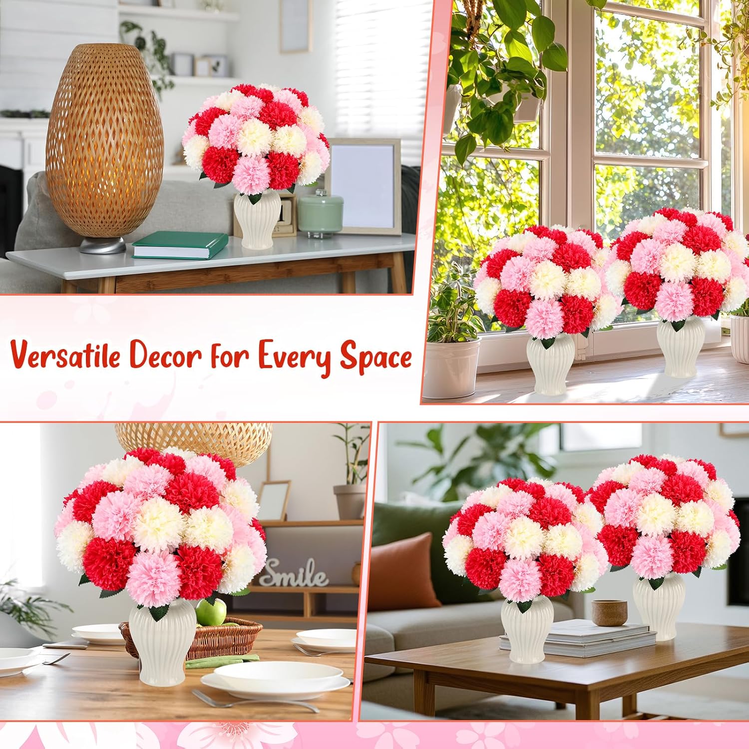 Suncalla 36 Pcs Pink& White& Hot Pink Artificial Chrysanthemum Flowers 3.3" Diameter Faux Ball Bouquet Silk Fake Marigold Mum for Mother's Day Spring Wedding Decor Floral Arrangement Table Centerpiece