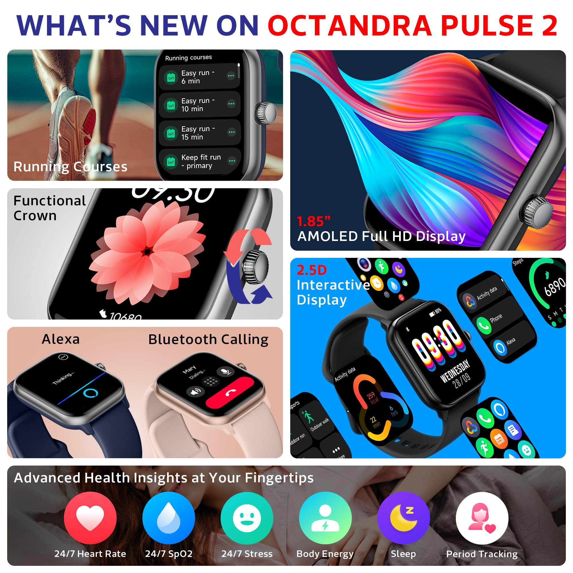 OCTANDRA Pulse 2 VeryFit Smart Watches for Men Women Alexa Built-in 1.85" AMOLED Screen IP68 Fitness Tracker Watch - Image 2