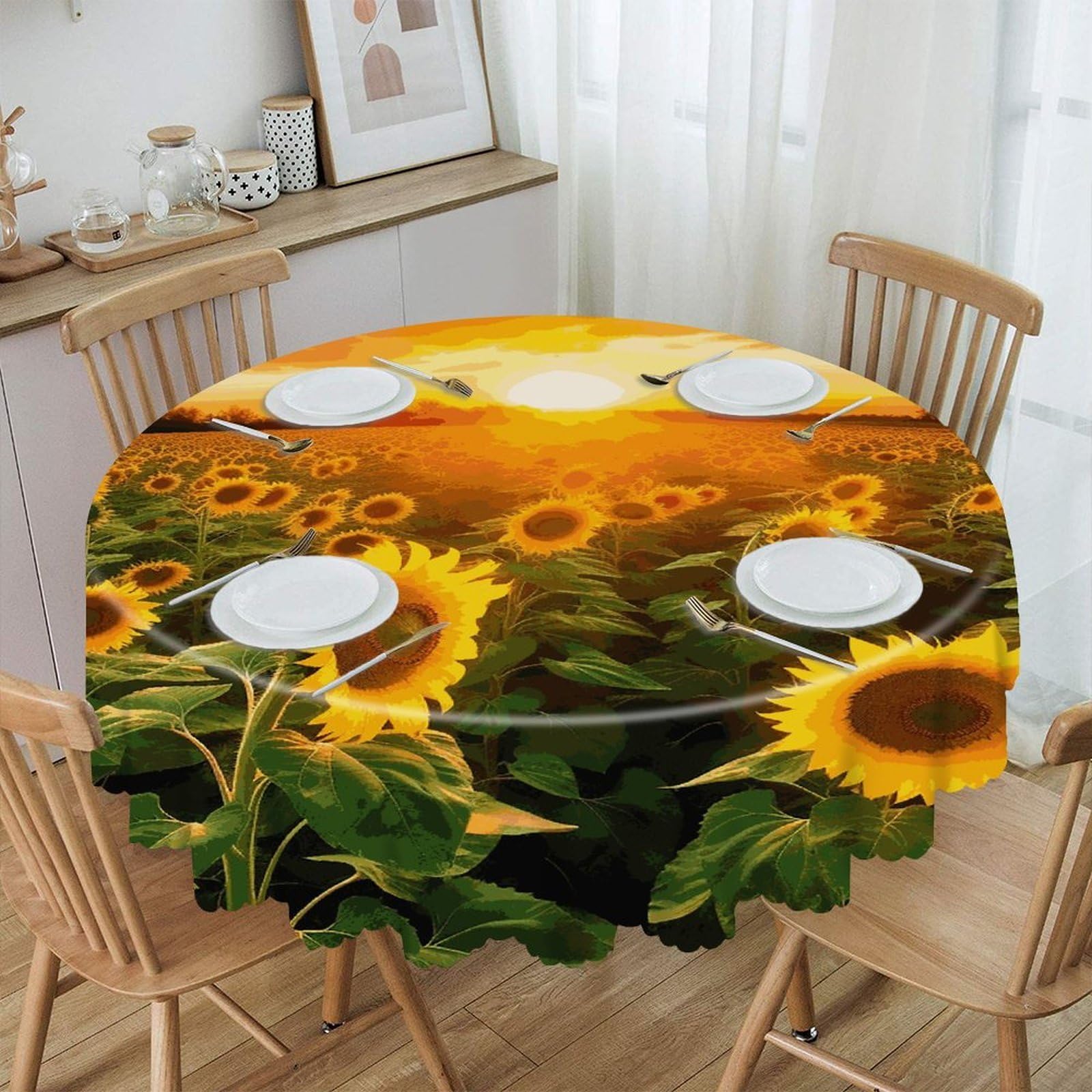 FekiLoot Sunflower Field Sunset Round Tablecloths 60 Inch Resistant Washable Polyester Table Cloth Style Decorative Circle Fabric Table Cover for Dining Kitchen Party Farmhouse Outdoor