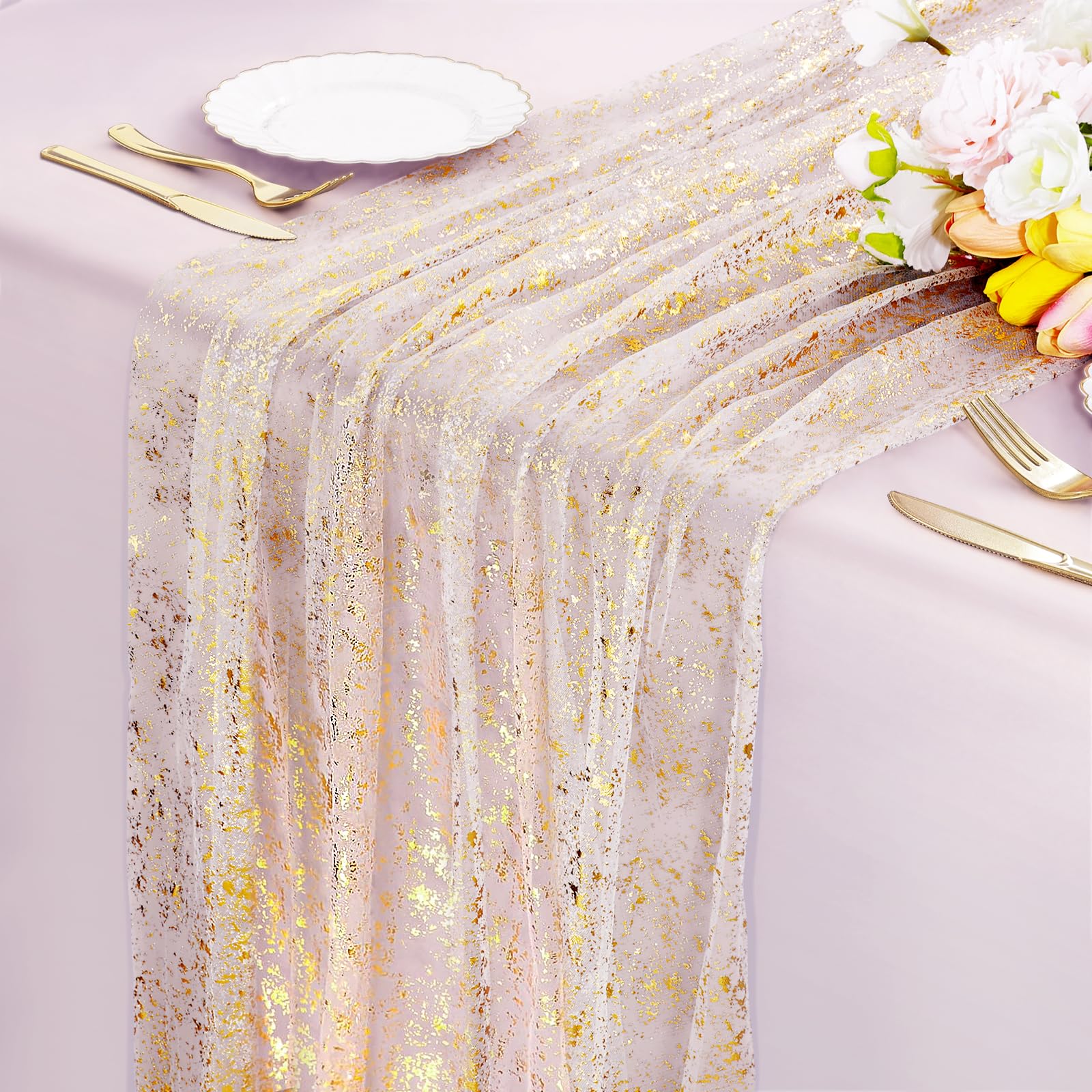 KesaPlan Sheer Gold Table Runner, 27*120 Inches Glitter Table Runner Gold Sheer Chiffon Table Runner for Table Decoration, Boho Table Runner Sequin