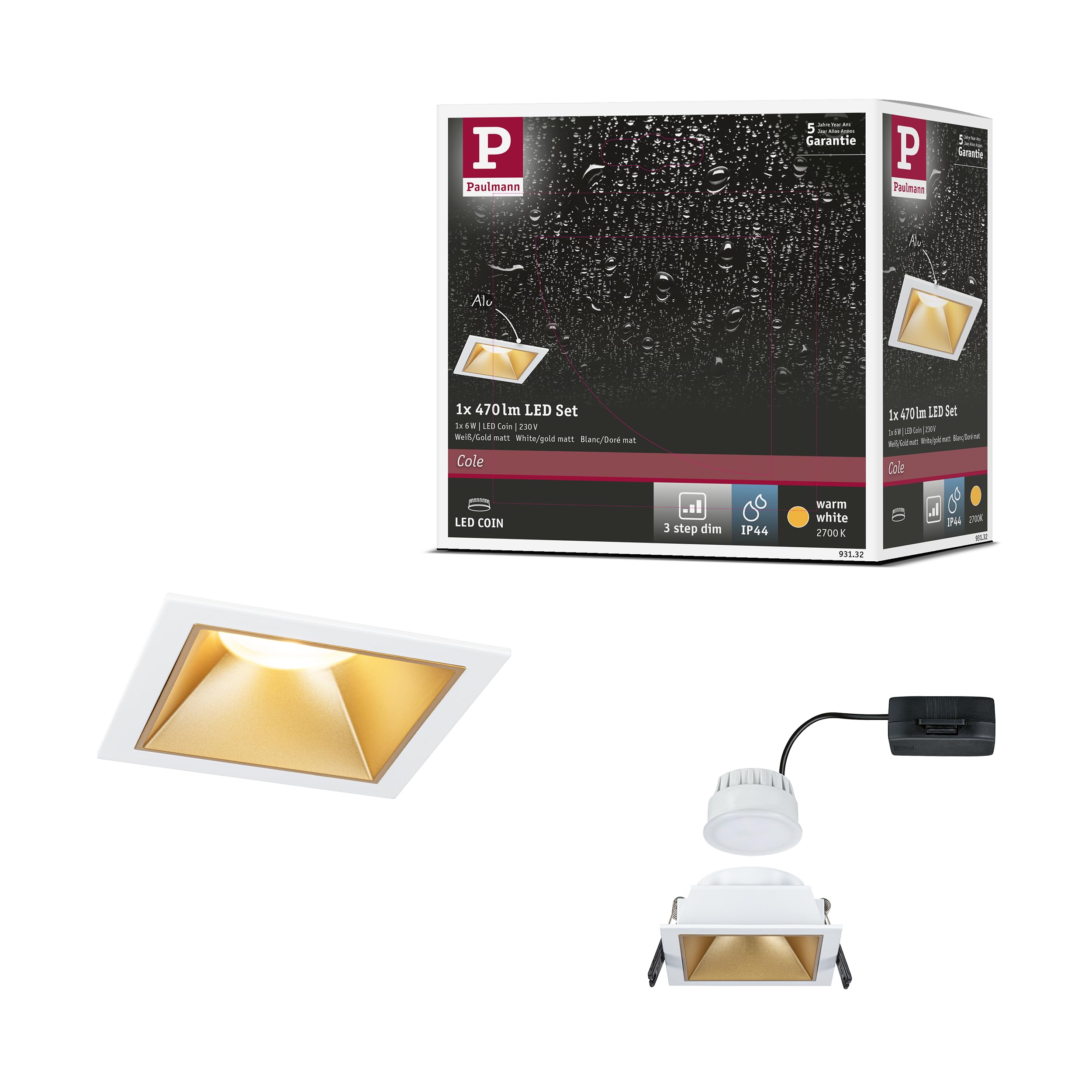 Paulmann 93132 LED recessed luminaire 3-Step dimming Cole IP44 Rectangular 88x88mm Coin 6W 470lm 230V 2700K White, Gold matt