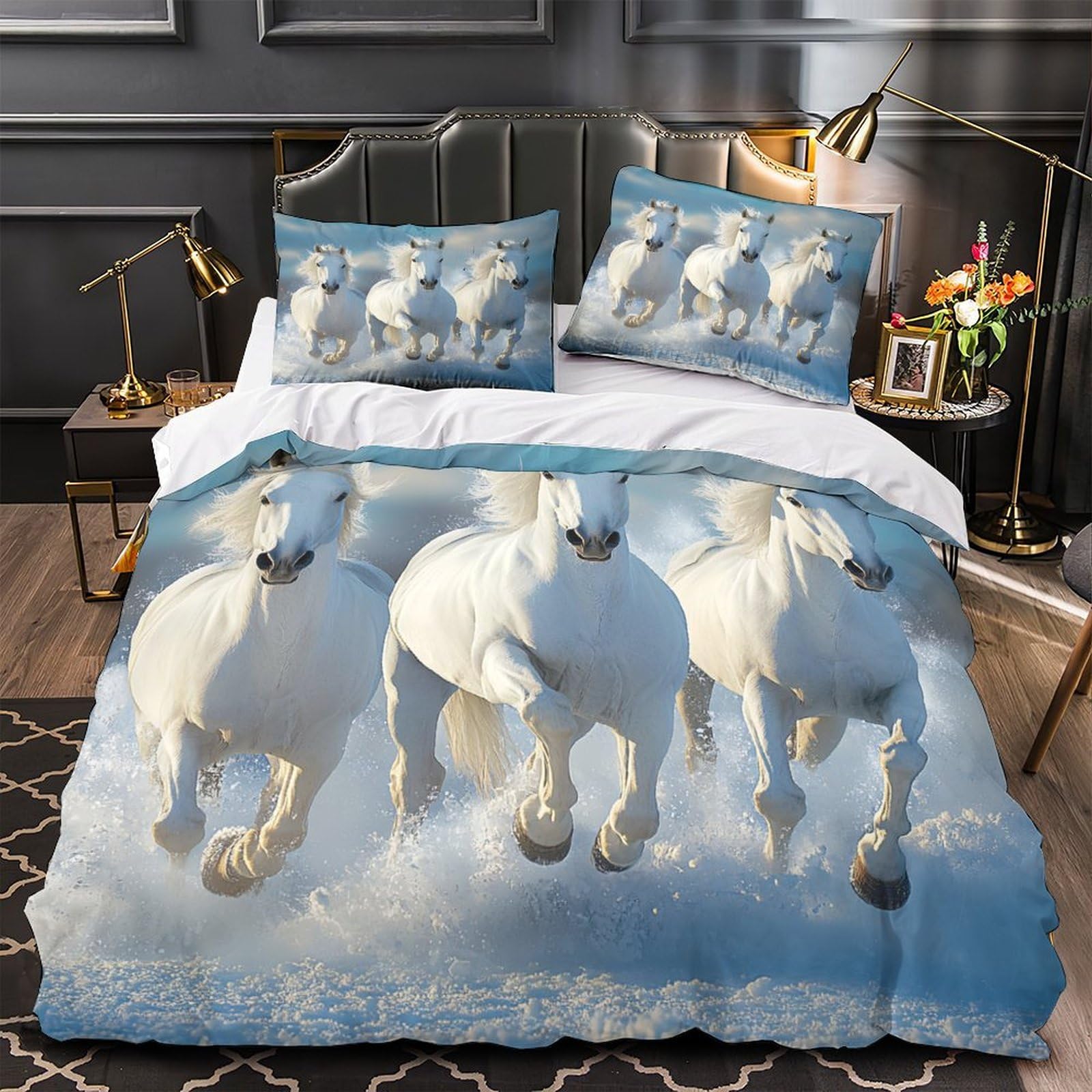 Parure de lit cheval blanc 200x200 avec housse de couette en microfibre