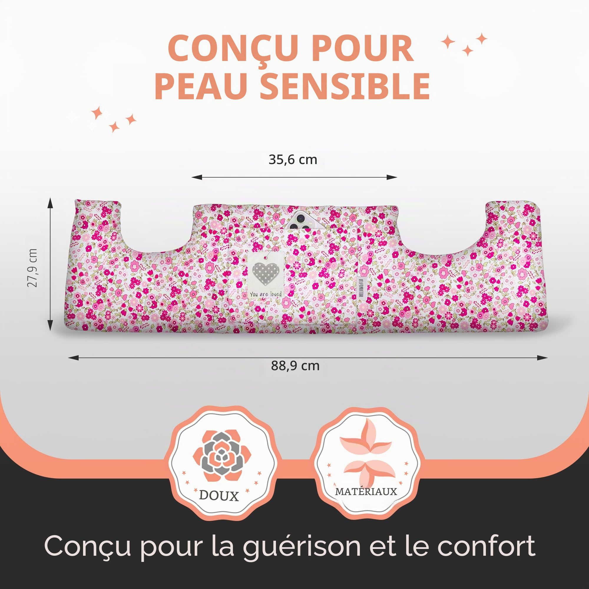 Oreiller post-mastectomie après opération du cancer du sein, césarienne ou réduction mammaire, accessoire post-chirurgical abdominoplastie, oreiller ceinture de sécurité, cadeau pour femme, fleur rose