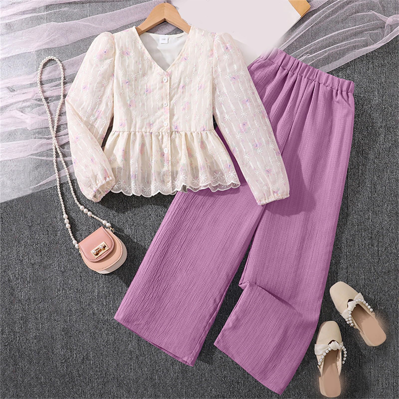 Conjunto de blusa de encaje para niña, top liso holgado informal con pantalones largos de pierna ancha.