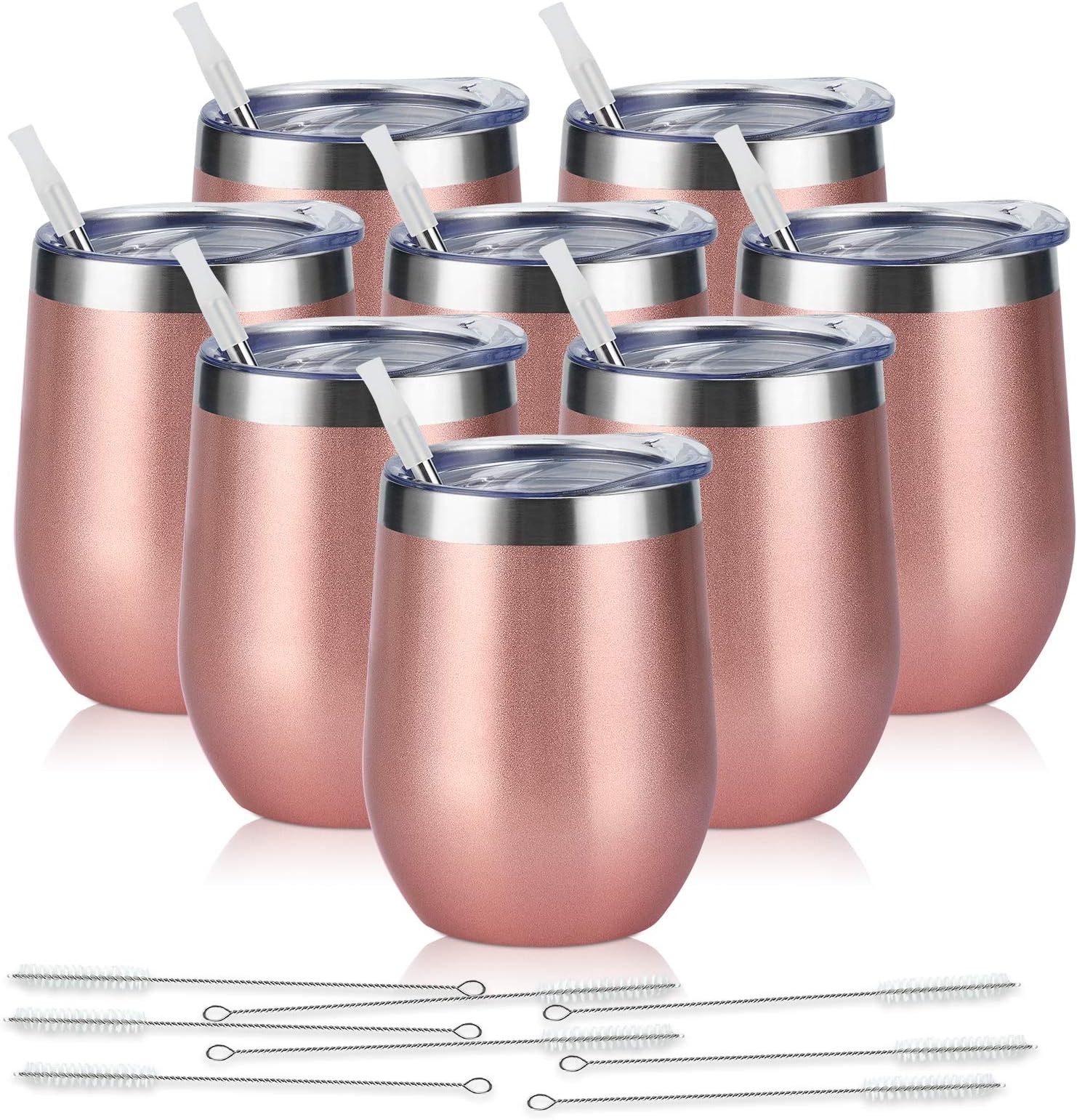 8 Pack 12Oz Stainless Steel Wine Tumblers, Insulated Wine Tumbler, Double Wall Insulated Wine Glass, Stainless Steel Stemless Wine Cups with Lids for Coffee, Wine, Cocktails, Champaign, Rose Gold