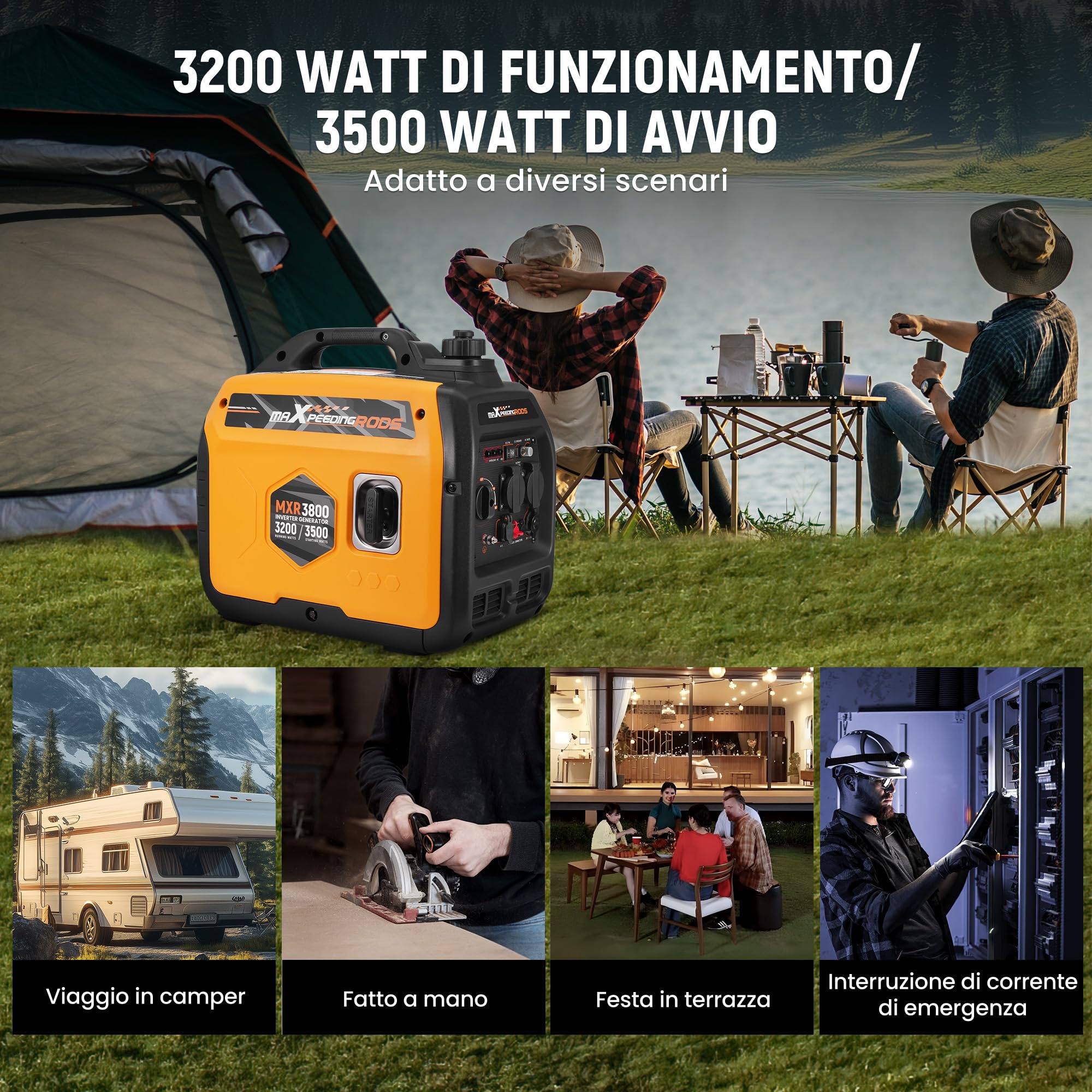 maXpeedingrods Generatore di Corrente 3500W Silenziato Portatile Per Camper | Benzina 4 Tempi con 2 prese da 230 V / 2 USB / 1 presa da 12 V CC, Modalità ECO Per RV, Camper e Emergenze