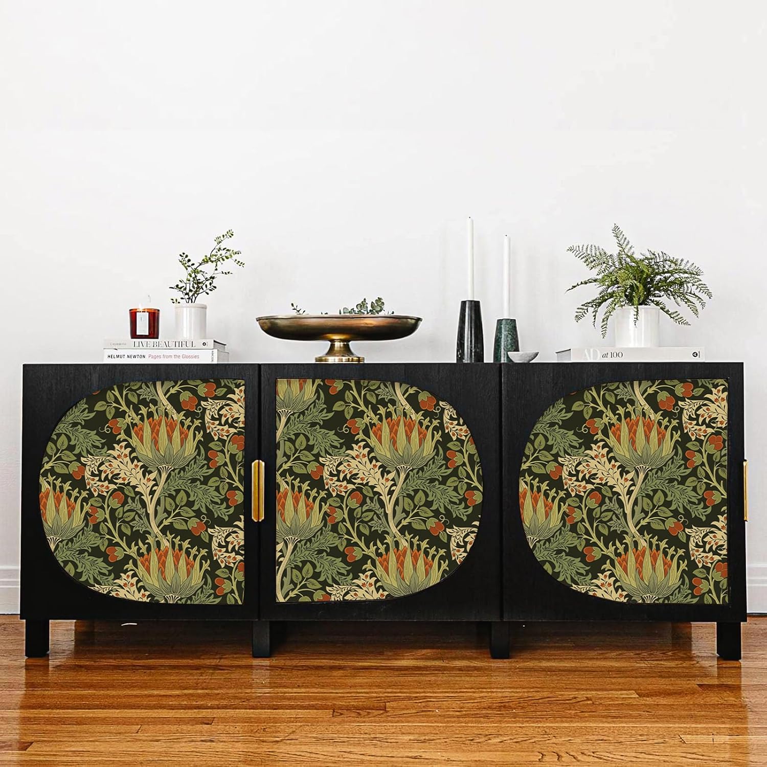 VEELIKE Black Leafy Flower Wallpaper Peel and Stick Vintage Floral Wallpaper Self Adhesive Removable Floral Contact Paper for Walls Cabinets 17.7''x118'' William Morris Wall Paper for Bedroom Bathroom