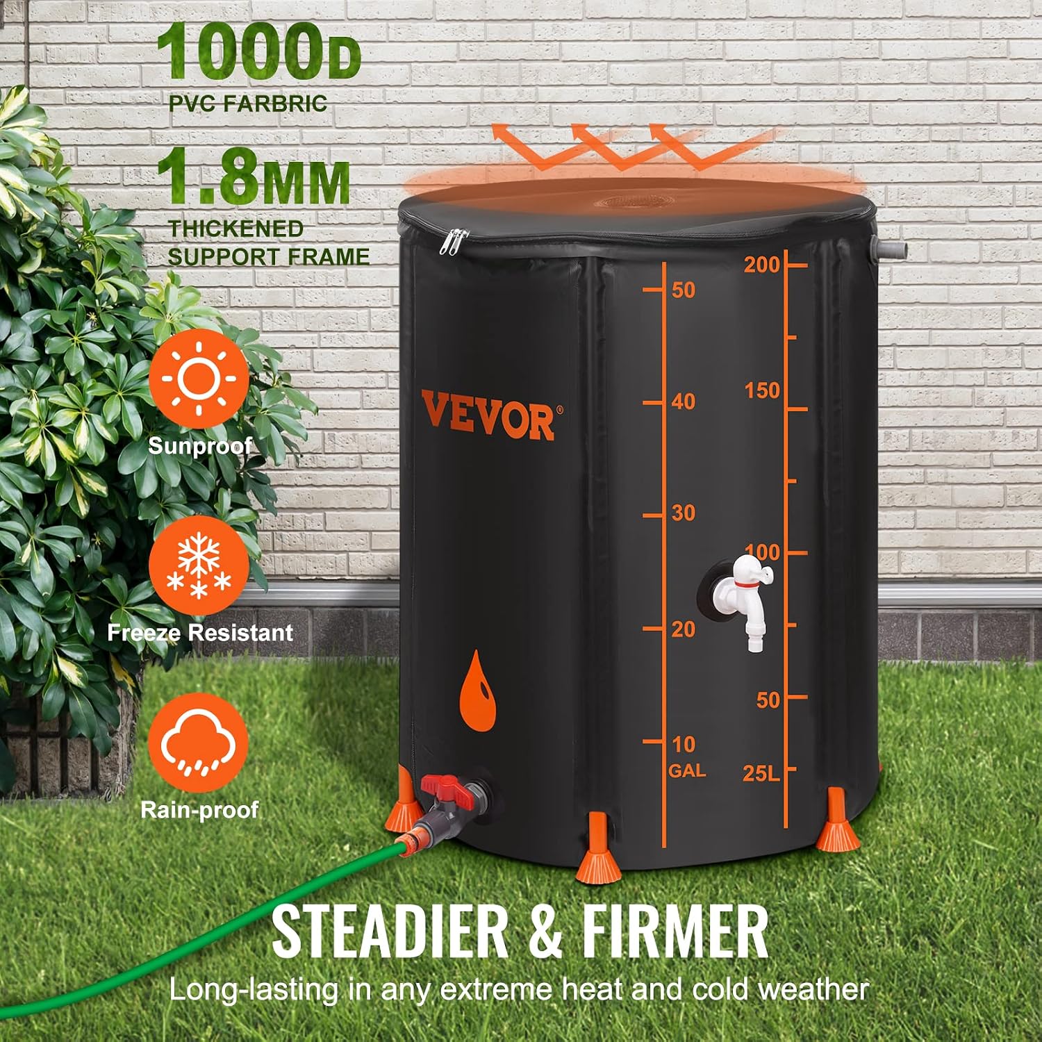 VEVOR Rain Barrel connected to a garden hose for watering plants