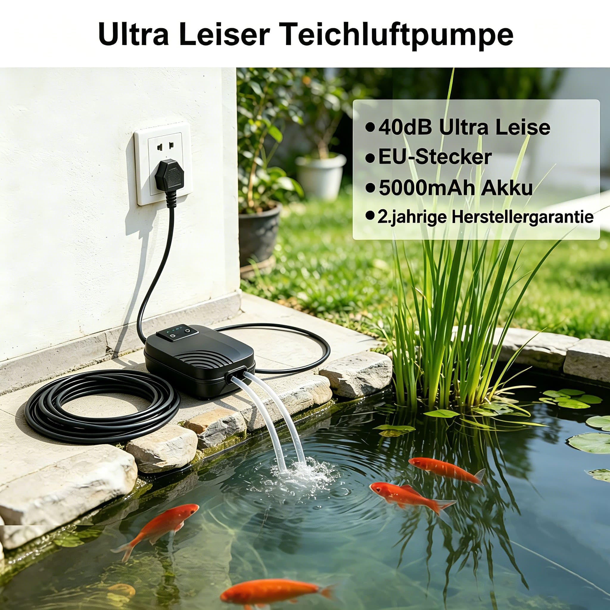 Biling Bomba de oxígeno para estanque, aireador de estanque con batería de 5000mAh enchufe EU, bomba de aire silenciosa de 40db con cable de 3,7m, manguera de 2,7m, 3 piedras de aire para estanque de