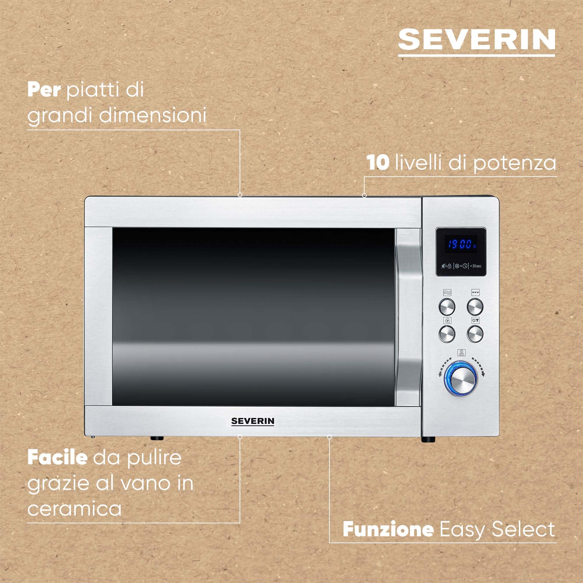 SEVERIN Forno a Microonde 3in1 con Base in Vetro, Flatbed per Piatti Grandi, Funzione Grill e Aria Calda, Ampio Spazio Interno per Teglie Quadrate, Nero e Acciaio Inox - MW 7777