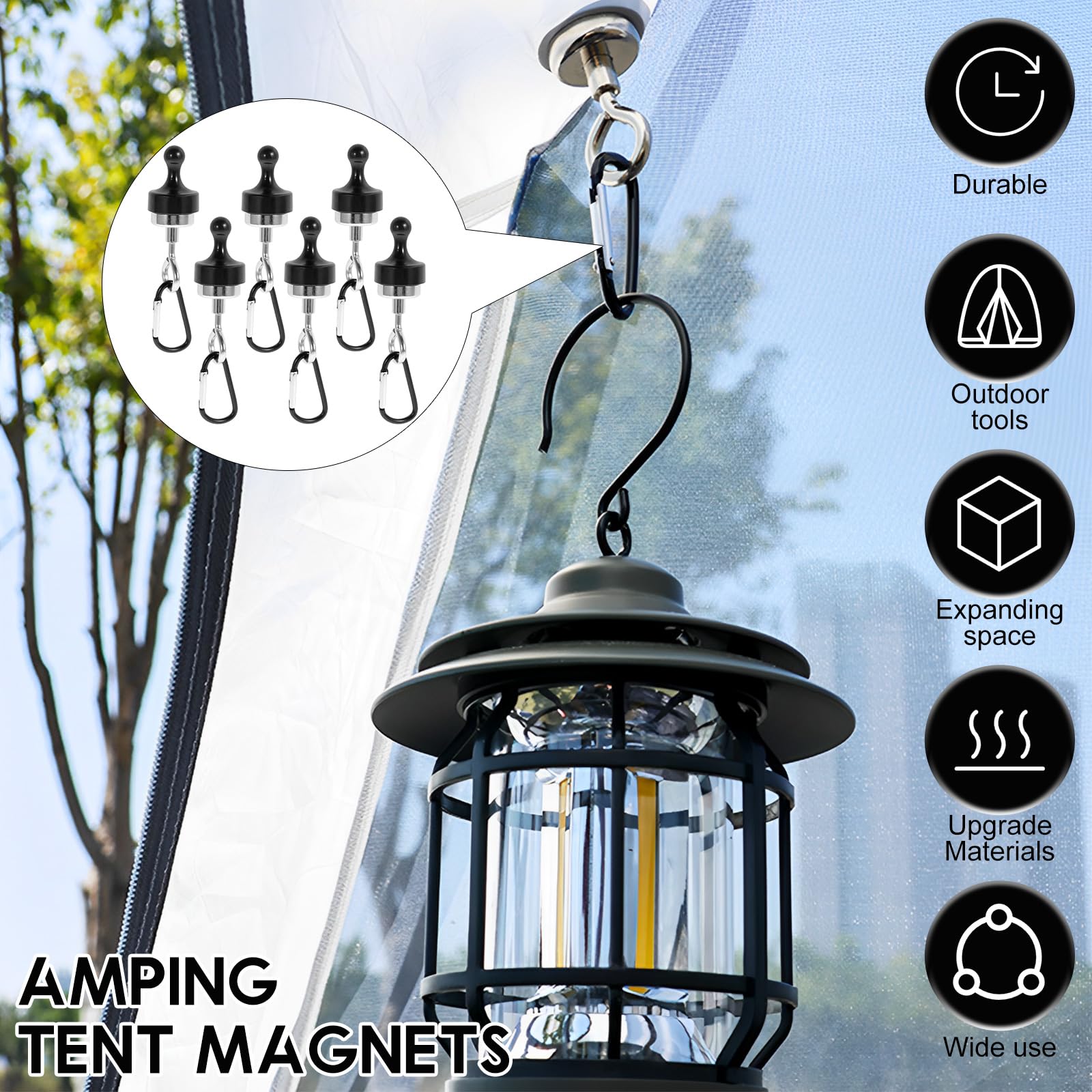 ZJRDYYK 6 Pack Camping Tent Magnets, Magnet Clip Hanger with Carabiner for Camping, Heavy Duty Earth Magnets with Hooks, Cruise Hanging Magnets, Magnetic Hooksfor Canopy, Cruise Cabins, Refrigerator