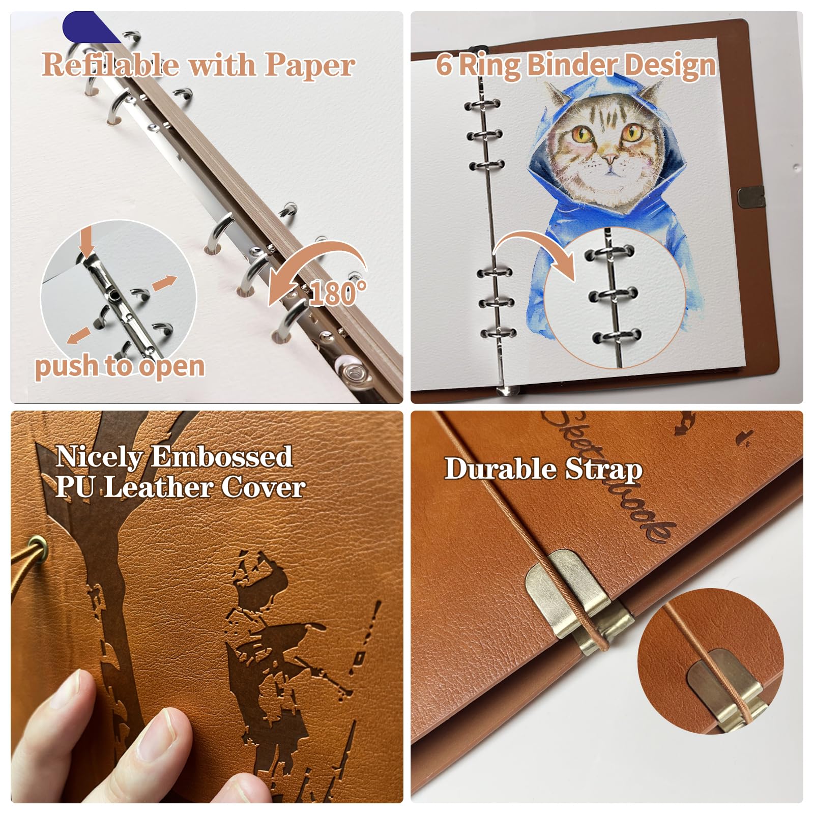 Aquarell-Skizzenbuch, Leder-Aquarell-Tagebuch, 23 x 17 cm, 63,5 kg/300 g/m², 24 Blatt, 48 Seiten, 100 % Baumwolle, Aquarellpapier, Aquarellbuch für Erwachsene, Künstler, Studenten (braun)