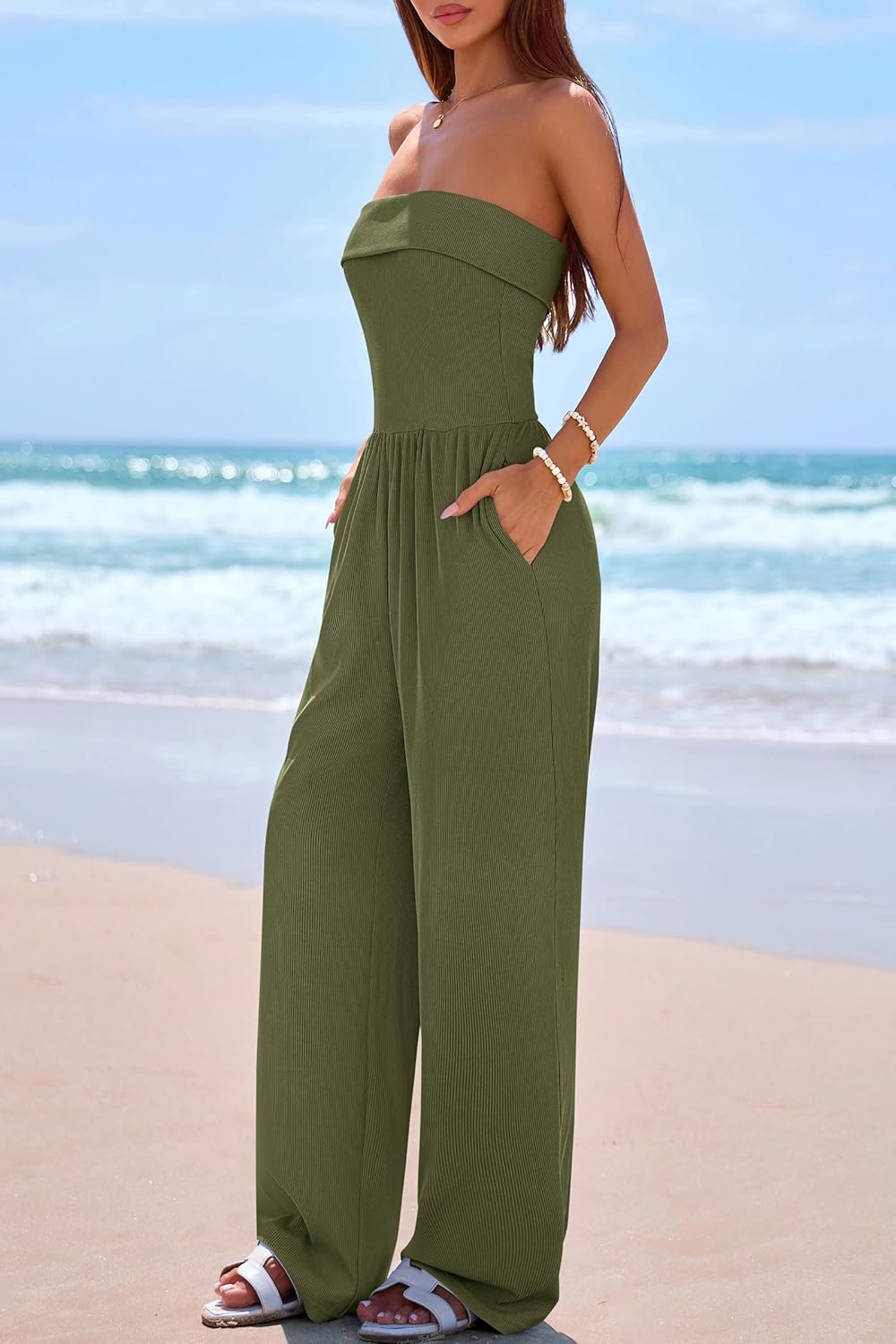 PRETTYGARDEN One Piece Strapless Jumpsuits for Women Dressy Casual Wide Leg Tube Rompers Jumper Beach Vacation Summer Outfits - Image 3