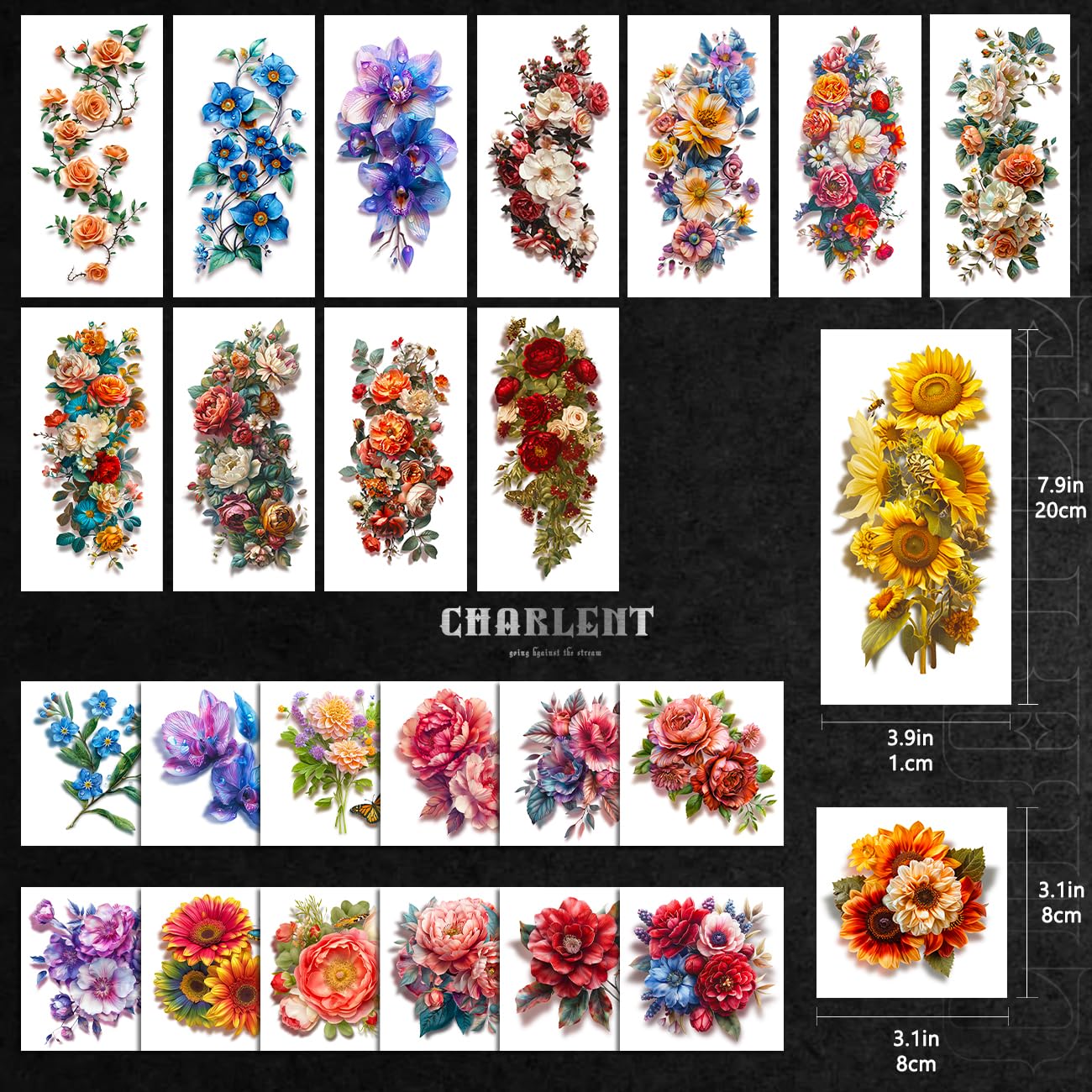 CHARLENT 3D Flower Sleeve Temporary Tattoos for Women - 25 Sheets Realistic Flower Fake Tattoos for Arm Leg Body/Long Last/Waterproof - Image 2