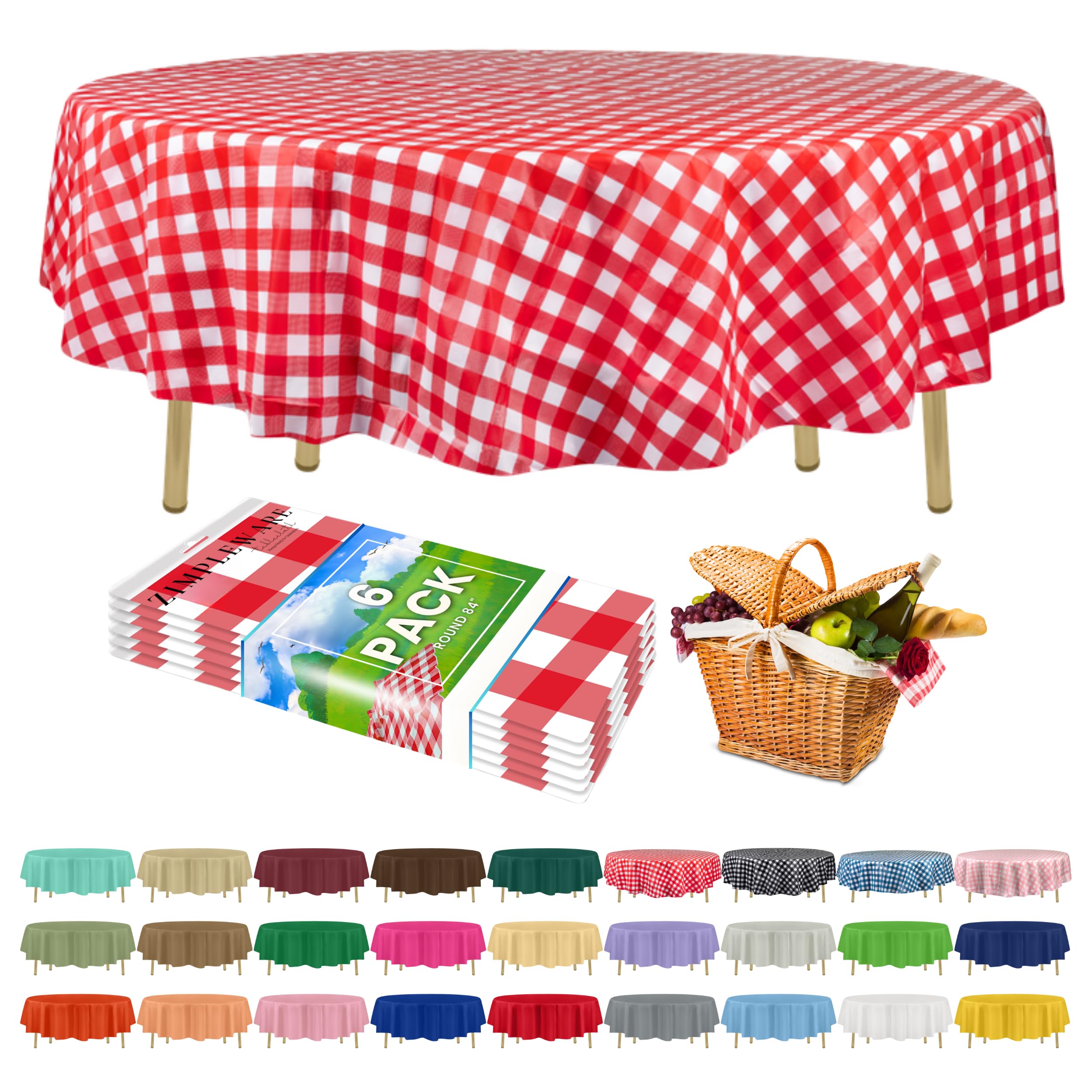 Zimpleware Red Gingham Checkered Disposable Premium Red Plaid Plastic Tablecloth (6 Pack) Round Tablecloth (84") Disposable Party Tablecloths, Perfect Tablecloth For Any