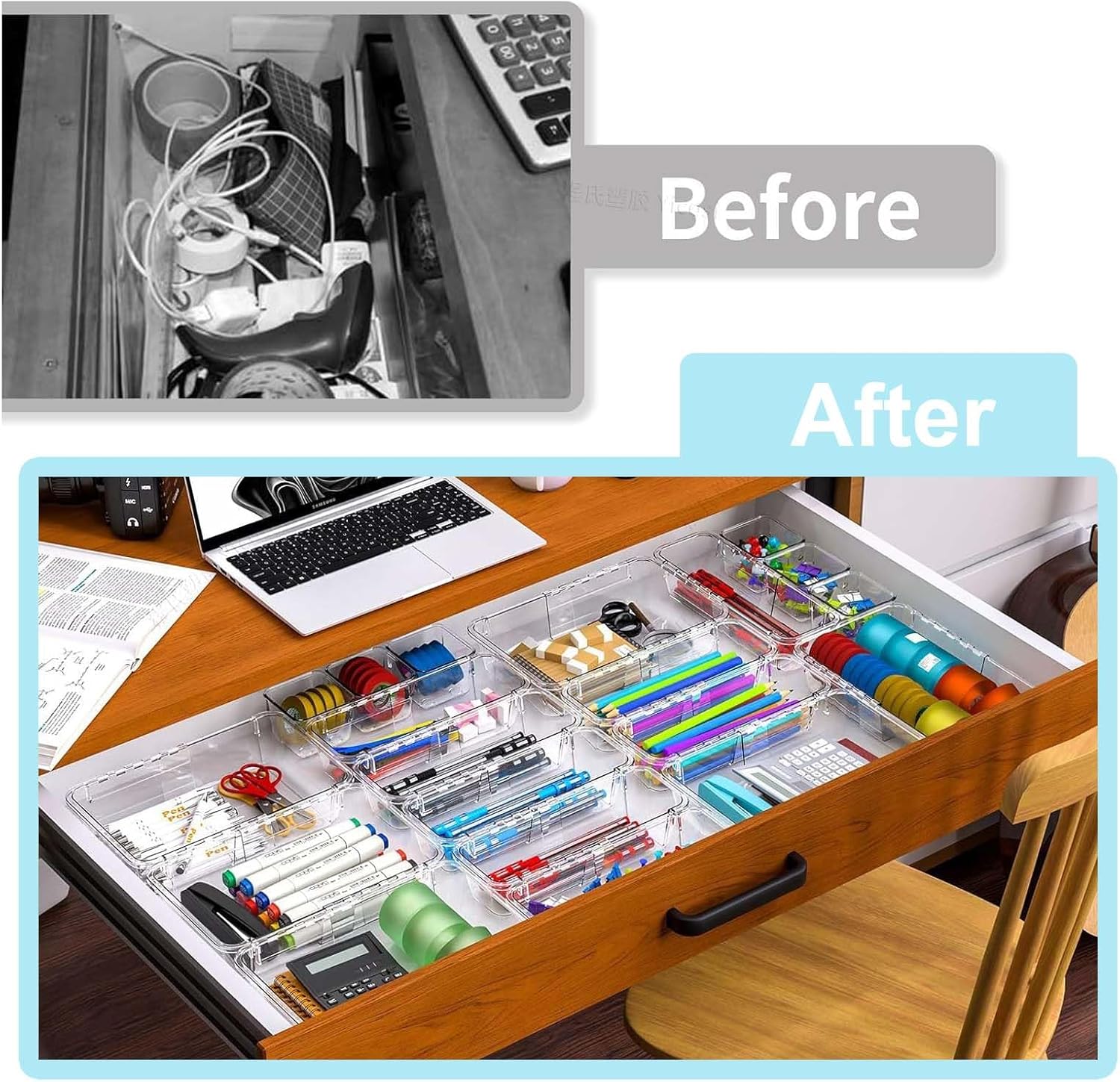 15 Pcs Extendable Clear Drawer Organizer Set,Adjustable Vanity Storage Box, 2-Size Desk Drawer Divider Organizer Trays, Storage Bin for Makeup, Cosmetic,Gadgets for Bathroom Bedroom Kitchen Office