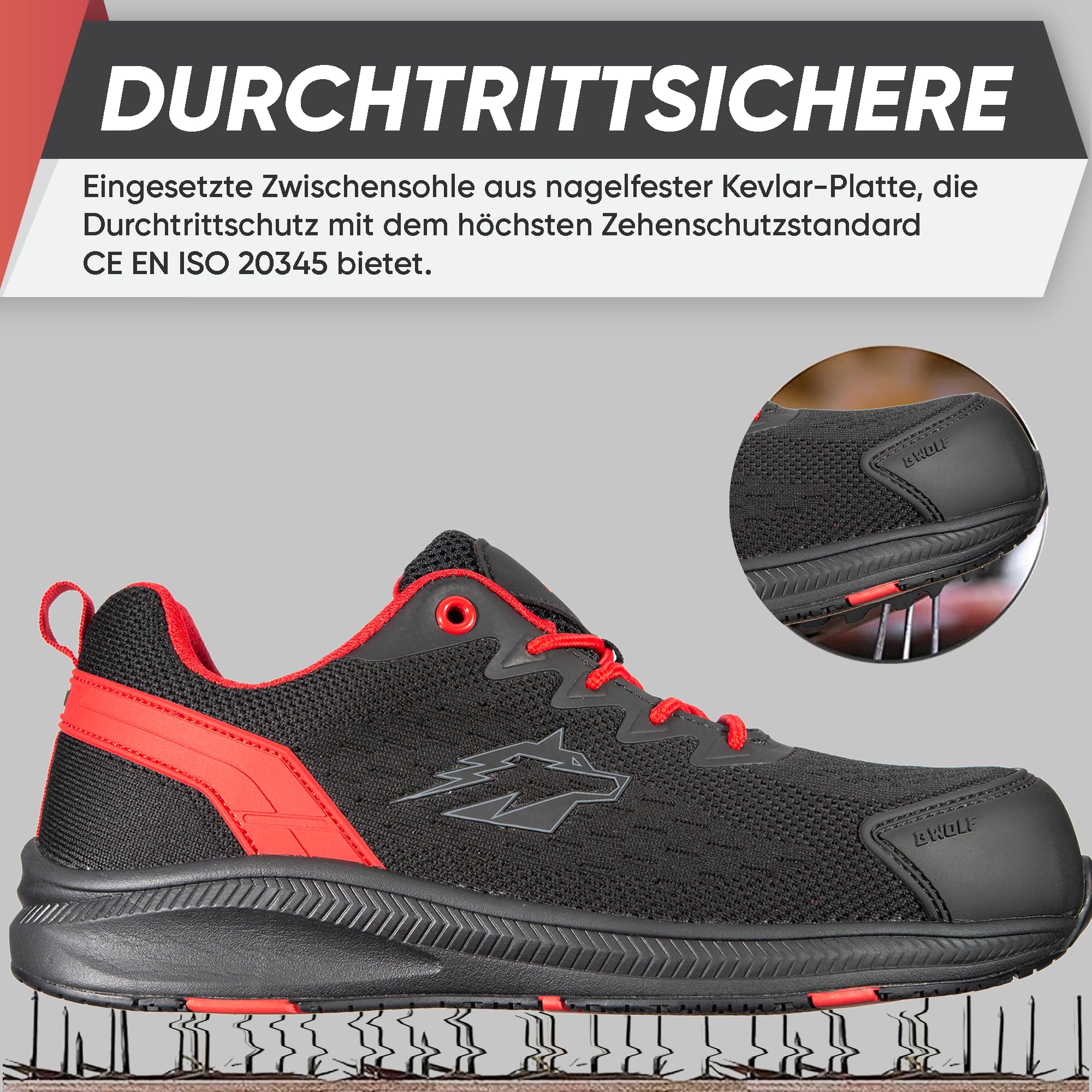 BWOLF Fly S1PS Arbeitsschuhe Sicherheitsschuhe ESD Kevlar Durchtrittschutz rutschfest Eva Sohle Ergo Plus Komfort