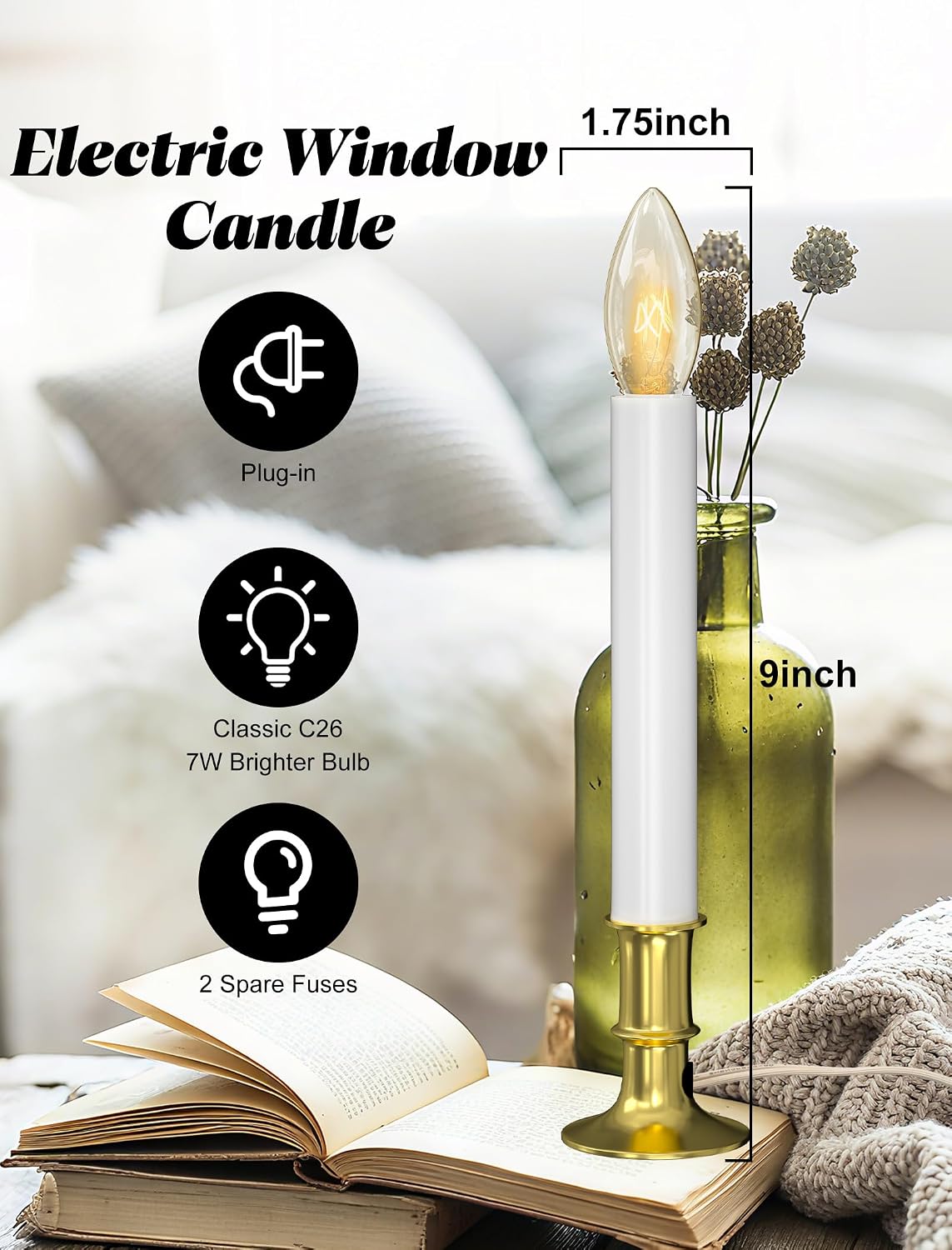 Electric Christmas Window Candle Lights - 4-Pack with Dusk-to-Dawn Auto Sensor, Plug-in Corded Window Candle Lamps with C26 Incandescent Bulbs for Holiday Home Decor