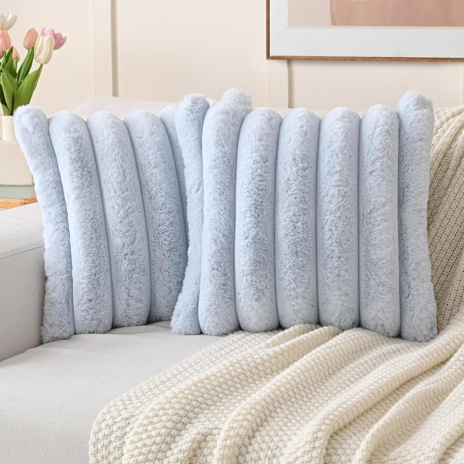 FUTEI Light Blue Decorative Throw Pillow Covers 18x18 Inch Set of 2, Square Soft Faux Rabbit Fur Thick Striped Cushion Cover,Winter Home Decor for Couch Bed Living Room