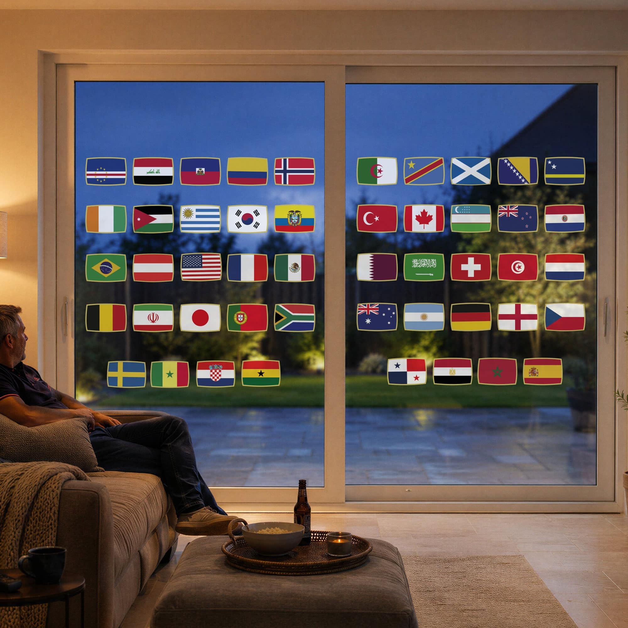 Football Flag Window Stickers – 48 World Tournament Flags for Windows & Glass, Reusable Double-Sided Football Decorations for Home, Pub & Shop Windows – 2 Size Options