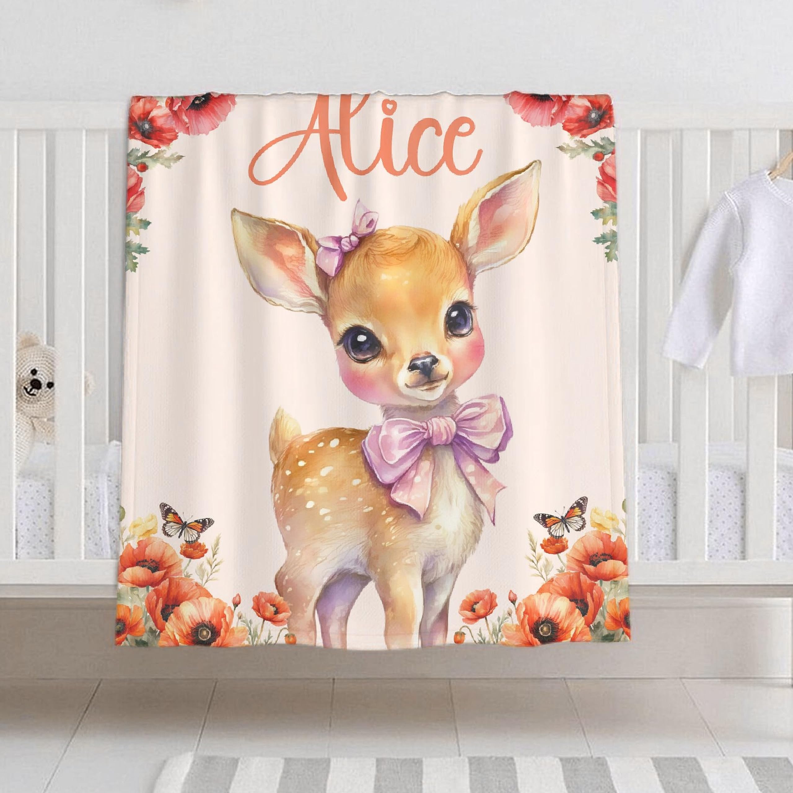 Sandilya Personalized Baby & Kids Custom Name Blanket with Deer Theme, Soft Flannel, Unisex, Pink/Red, 30