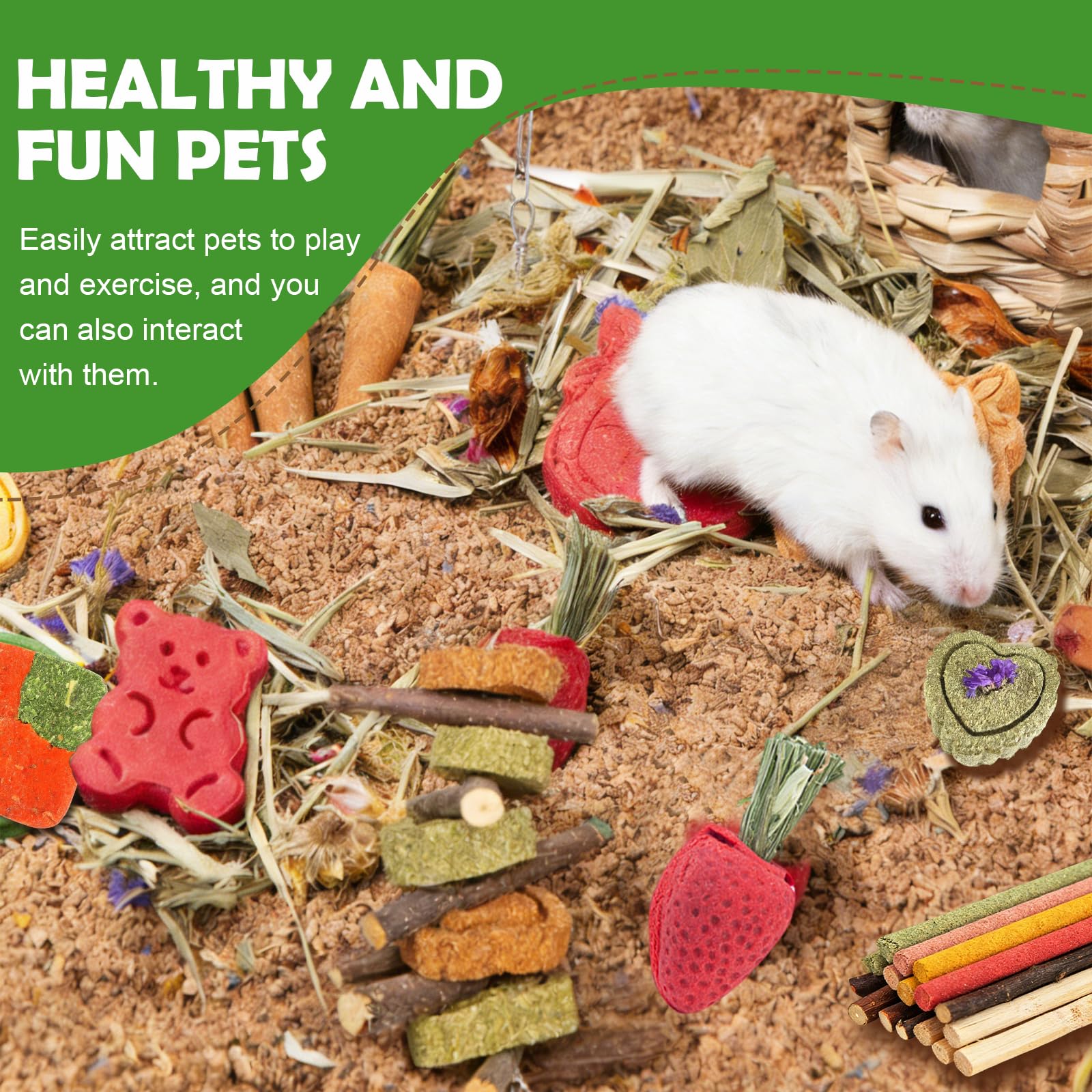 Juego de 42 Juguetes para Conejos, Juguetes Naturales para Masticar Conejo, Juguetes Hamster, cobaya y Chinchilla, palitos de heno de Madera de Manzana para Tratar la dentición de Conejos y Animales — view 7