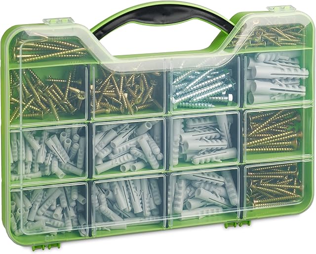 Relaxdays Wall Plugs & Screws Set, Assortment Box With Anchors, Hex-head Wood & Chipboard Screws, 14 Trays, Green