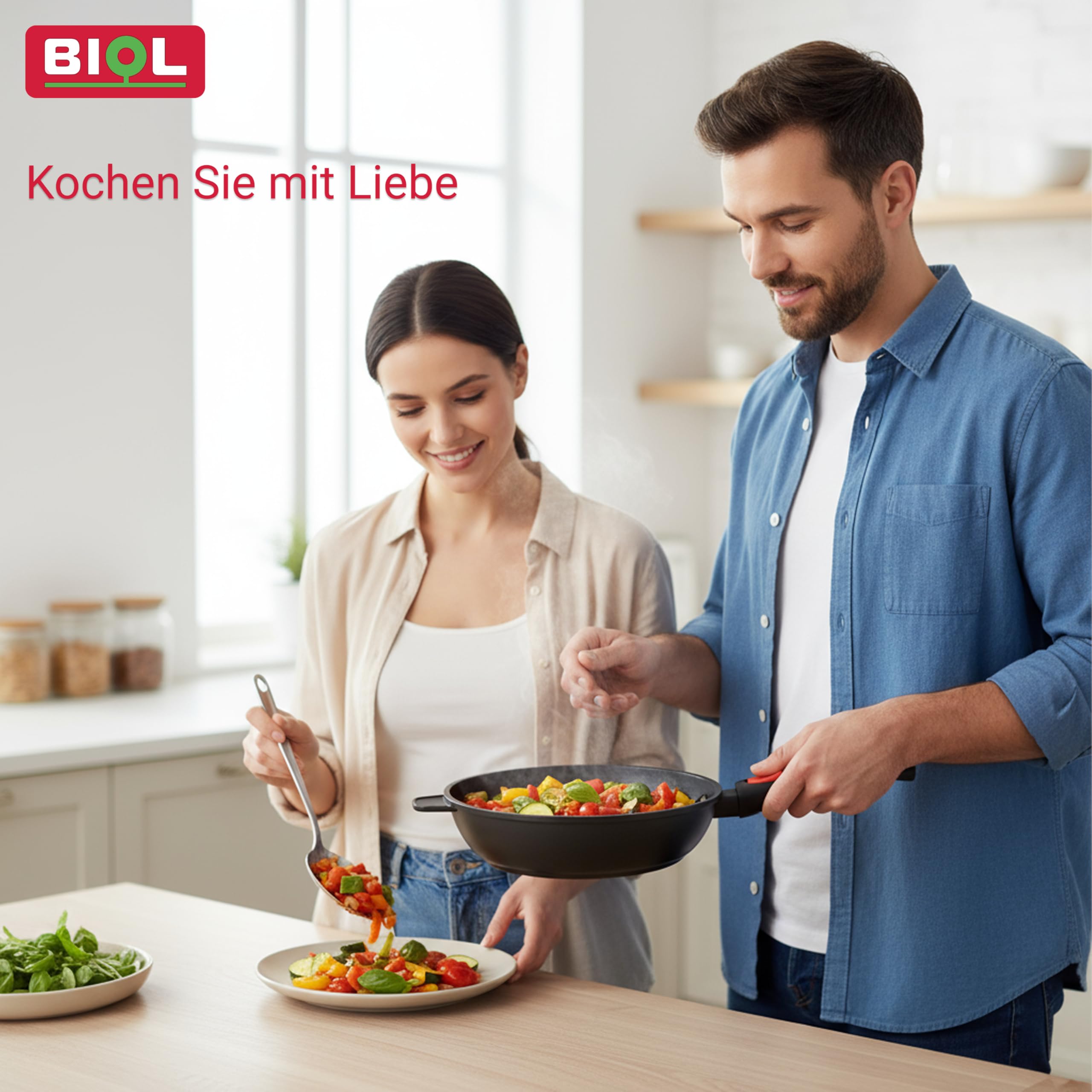 BIOL Schmorpfanne 28 cm mit Glasdeckel & hohem Rand – Antihaft Pfanne Induktion aus Aluminium, PFOA-frei, abnehmbarer Griff, für Braten & Schmoren