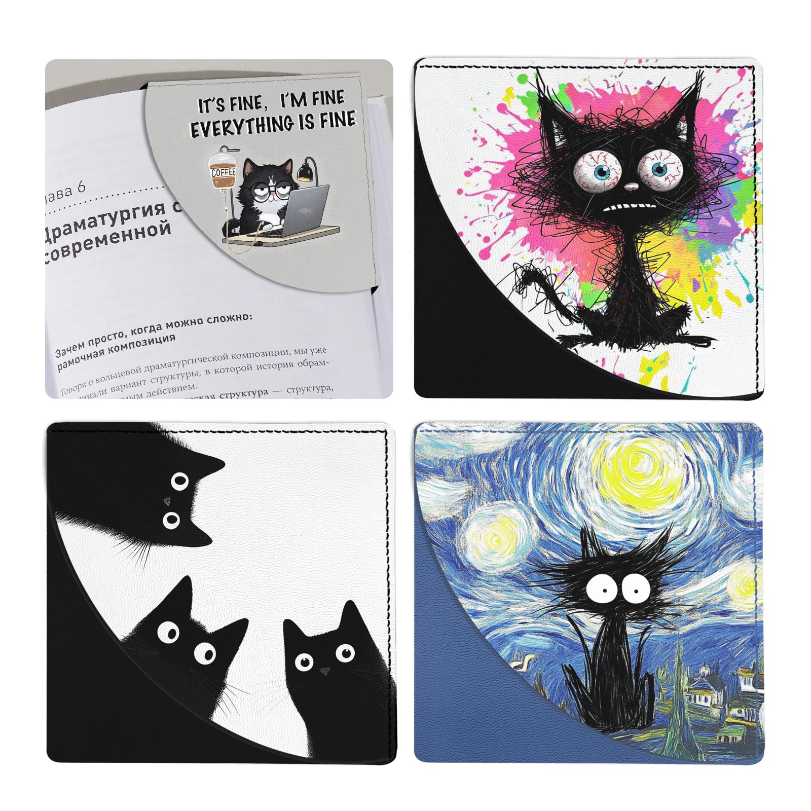 bolimoss Black Cat Bookmarks, Funny Leather Book Accessories for Book Lovers,4 Pcs Cute Corner Page Book Marks for Teachers Students Book Reading Lovers, School Office Home Supplies