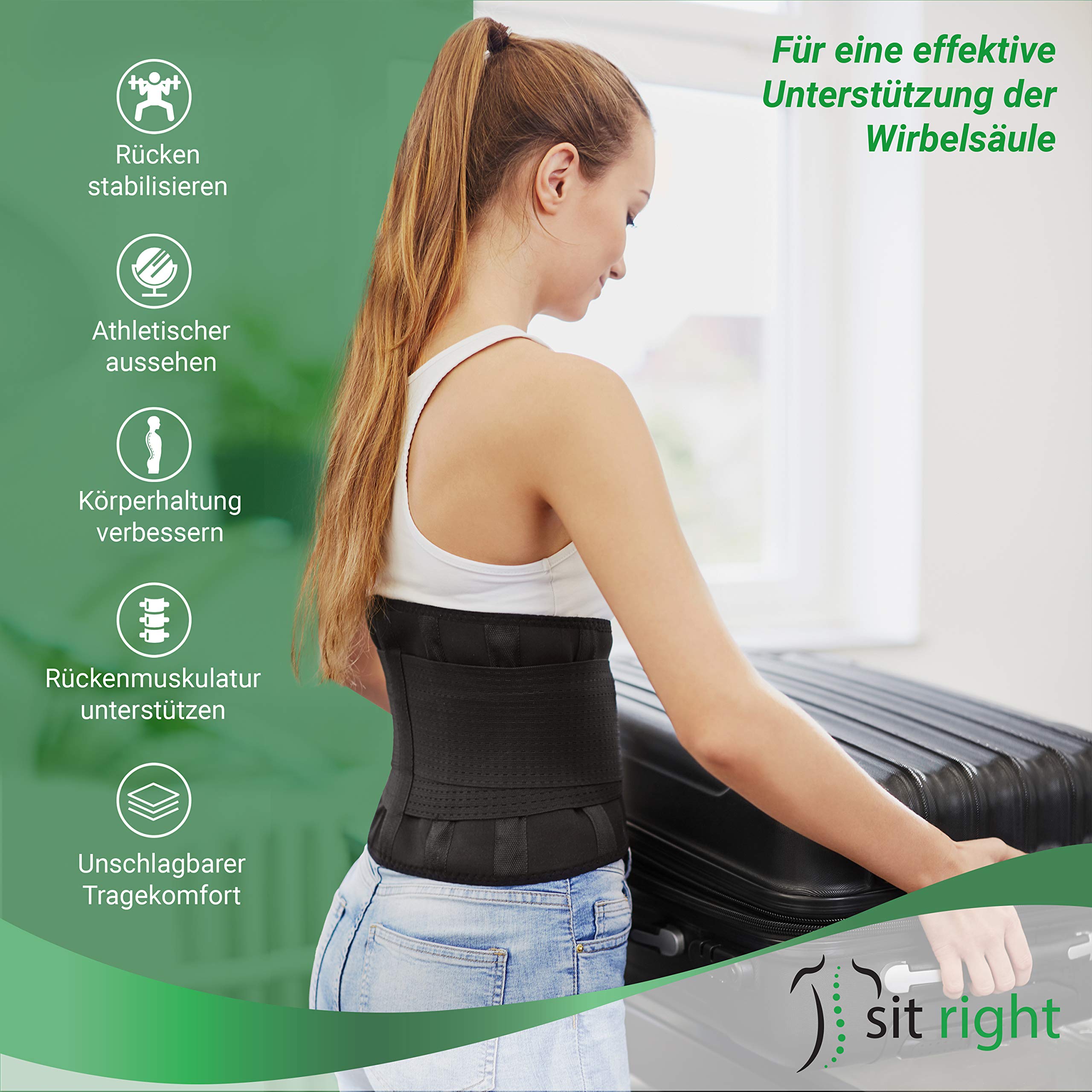 Rückenbandage - Rückengurt zur Stabilisierung der Lendenwirbel - Rückengürtel für Damen & Herren - Nierengurt & Bauchweggürtel zur Haltungskorrektur - schwarz - Vers. Größen