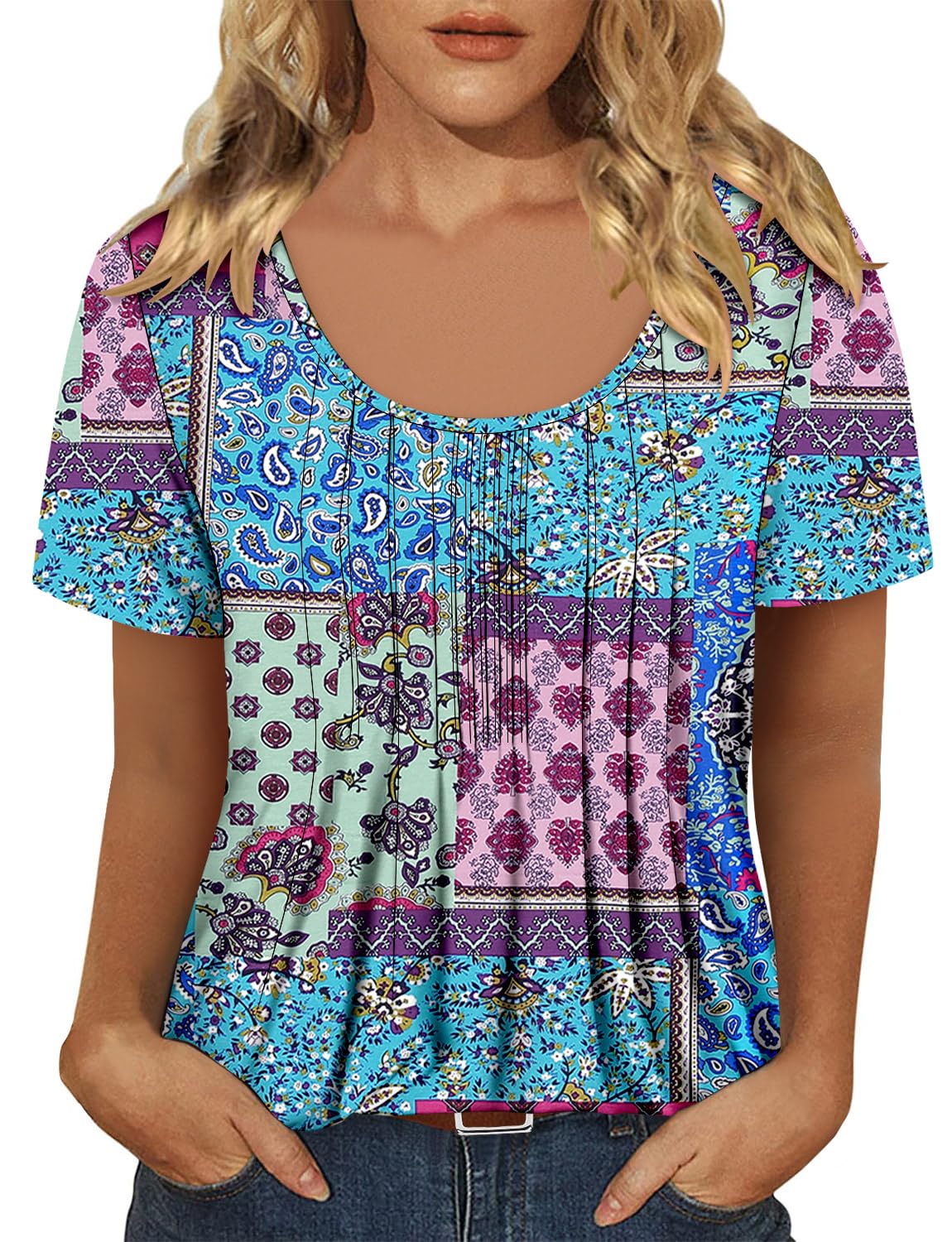 onlypuff Women's Short Sleeve Tunic Tops Summer Pleated Round Neck Button Down Shirts for Leggings