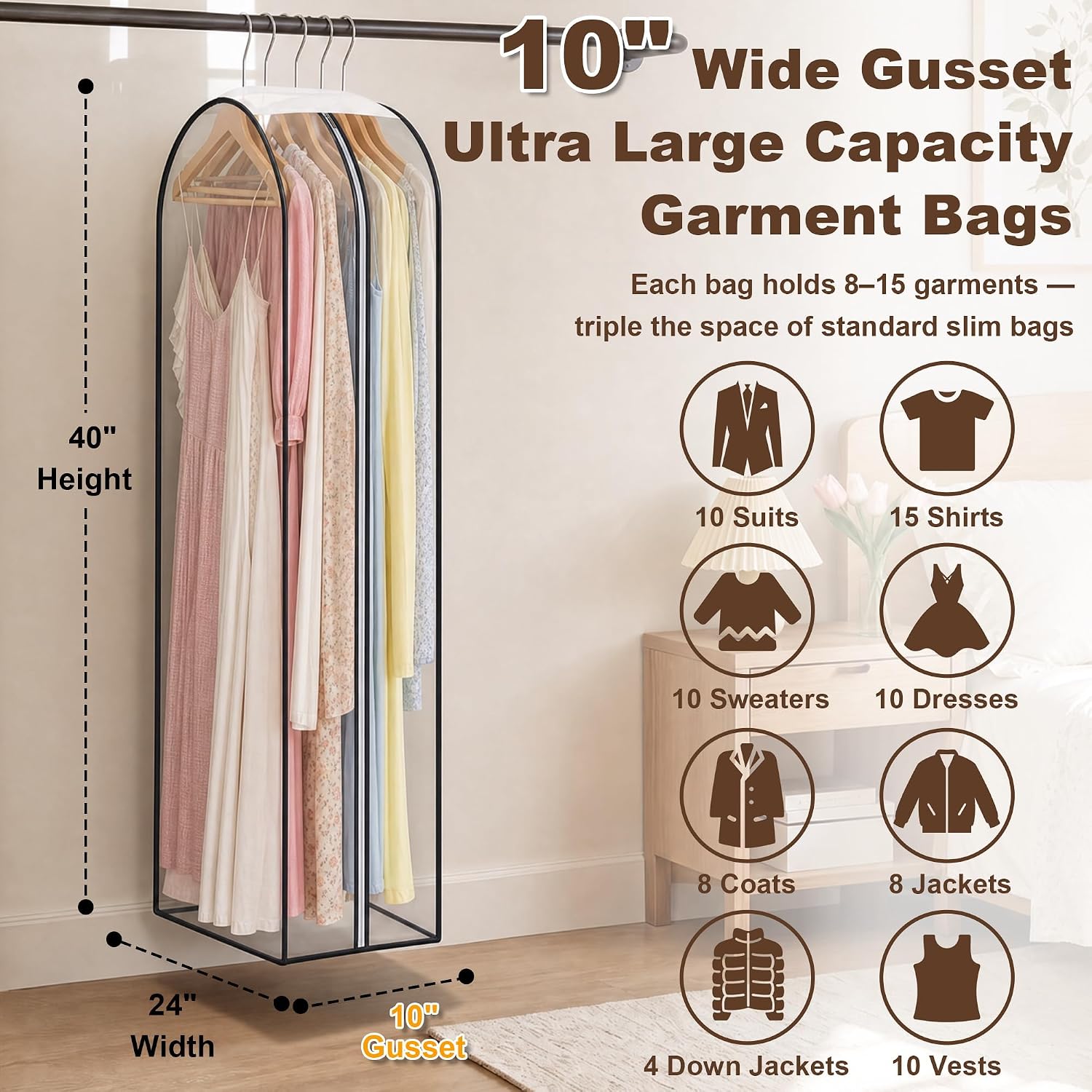 6 Pack Clear Garment Bags for Hanging Clothes 40" 10" Gusset Closet Storage