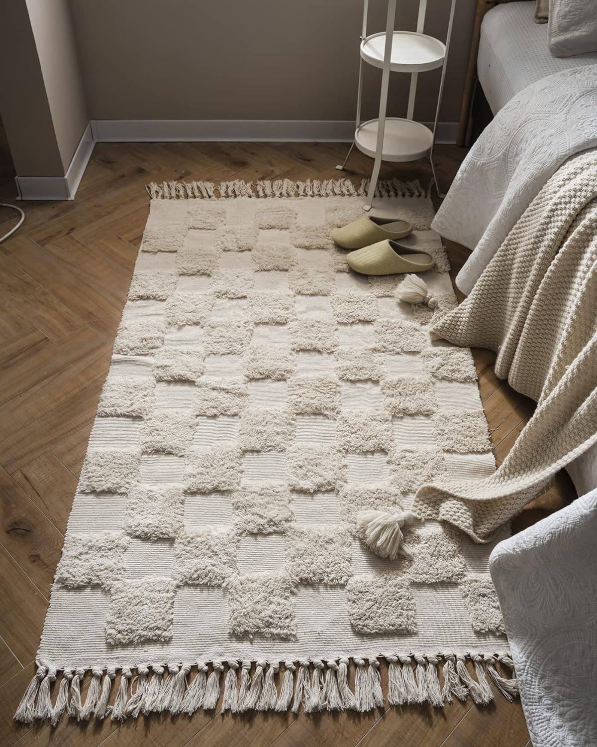 JaeMoose Cotton Rug Tufted Cotton Rug Washable Retro Hallway with Tassels Moroccan Boho Rugs for Living Room Bedroom Front Door (Beige Checkerboard - Image 2