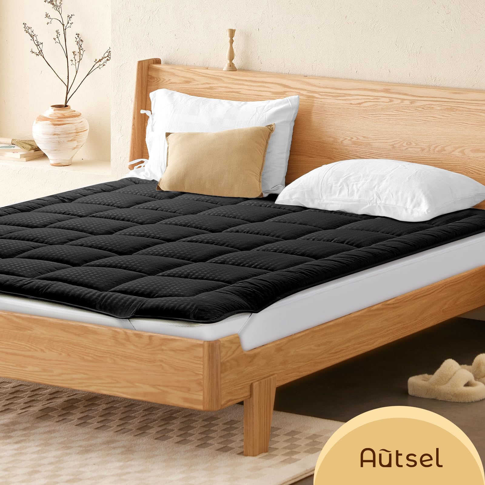 Autsel 3D Topper Matrimoniale 90 x 200cm Extra-Morbido Topper Materasso Trapuntato Antiallergico Coprimaterasso (Grigio Scuro)