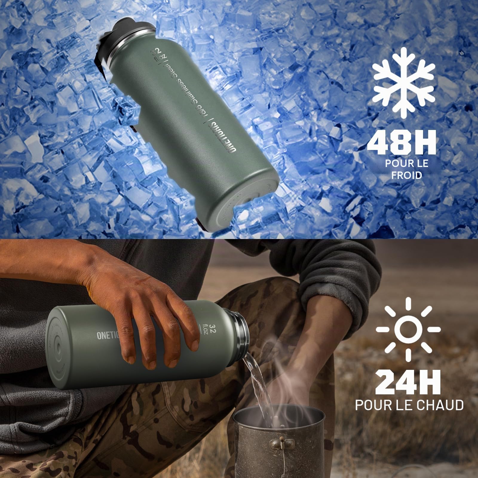 OneTigris Gourde Sport, 0.9l Gourde en Acier Inoxydable avec un Bon Effet d'Isolation, Idéal pour Vélo, Camping, Yoga, Gym, Airsoft,32oz（Vert OD)