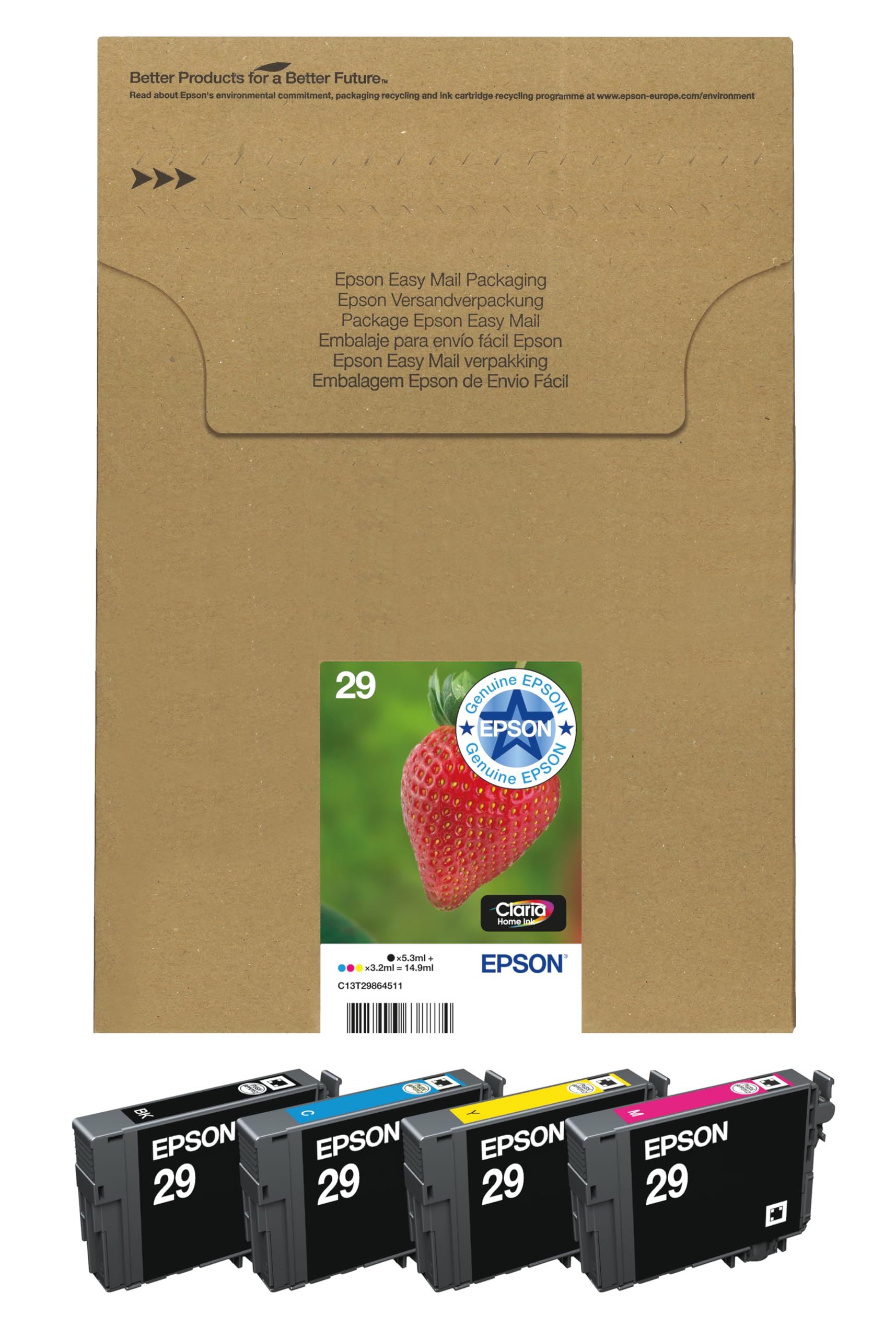 29 Strawberry Genuine Multipack, Eco-Friendly Packaging, 4-colours Ink Cartridges, Claria Home Ink
