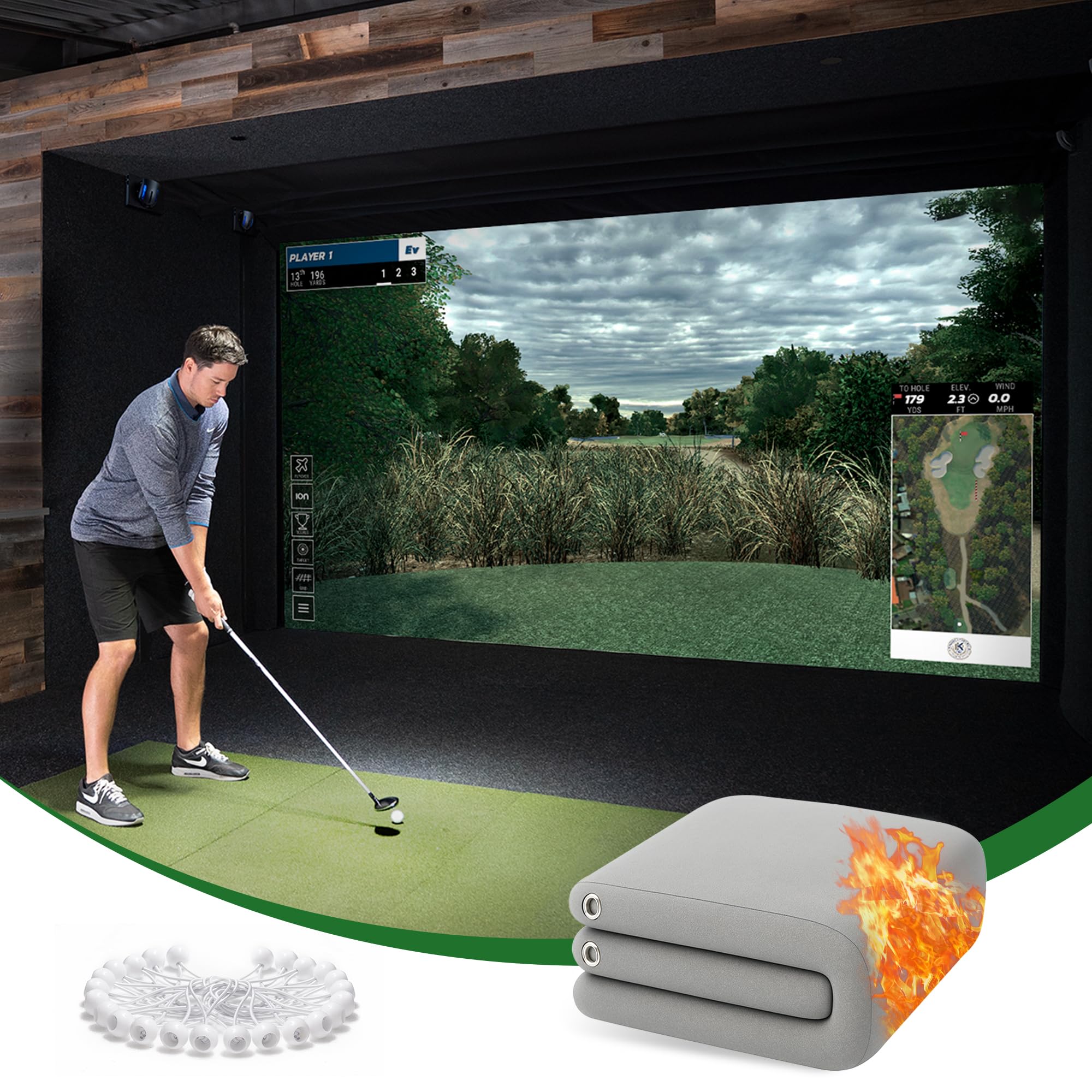 Gray Fireproof Golf Simulator Impact Screen, 3D Air Mesh Impact Screen for Golfs Training Indoor/Outdoor, HD Golf Hitting Screens for Home Practice with Grommet Holes & Bungee Cords