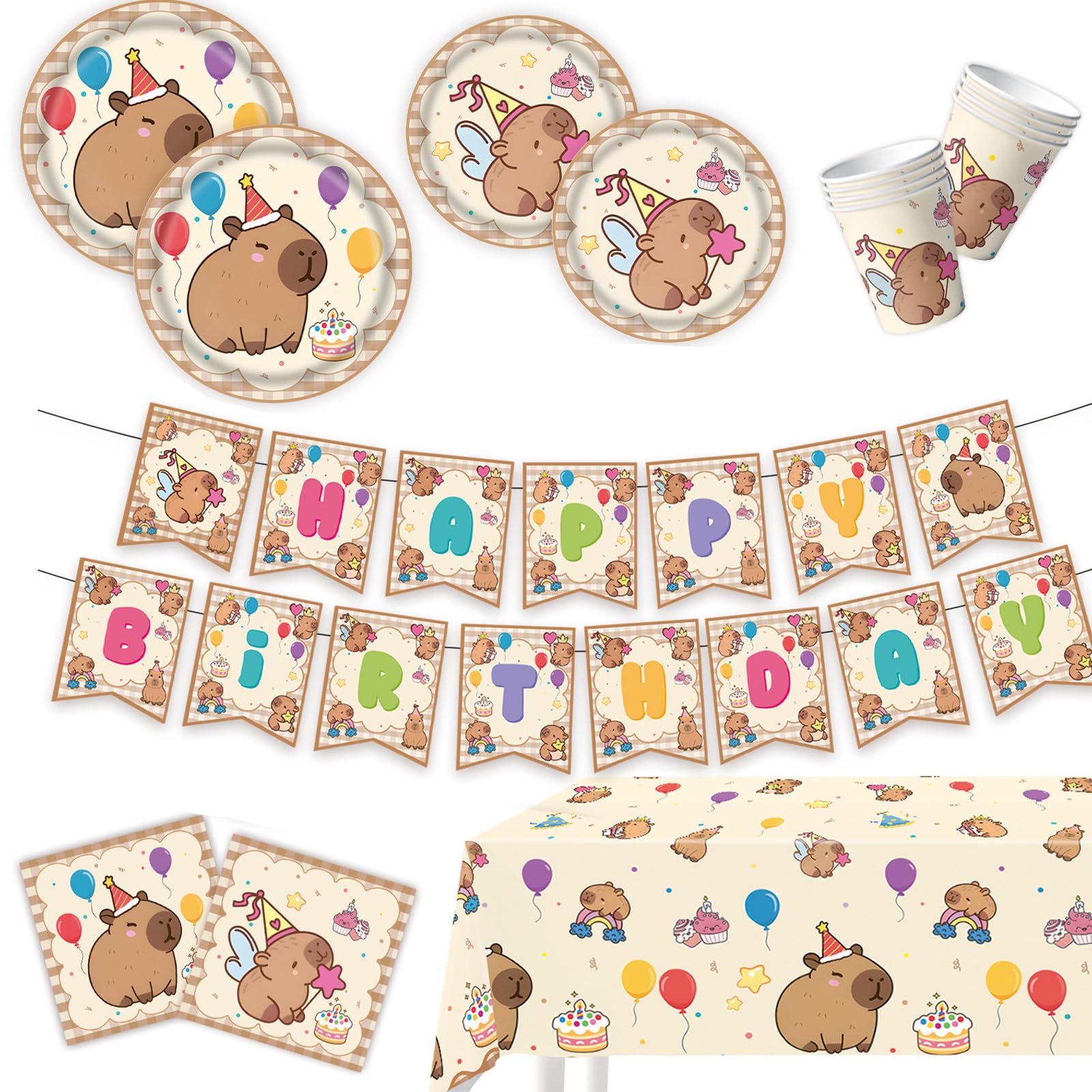 carotoe Themed Capybaras Paper Cup Banners Plate Table Cloth Decorative Party Decoration Set Ideal for Birthdays Reunions Paper Party Tableware