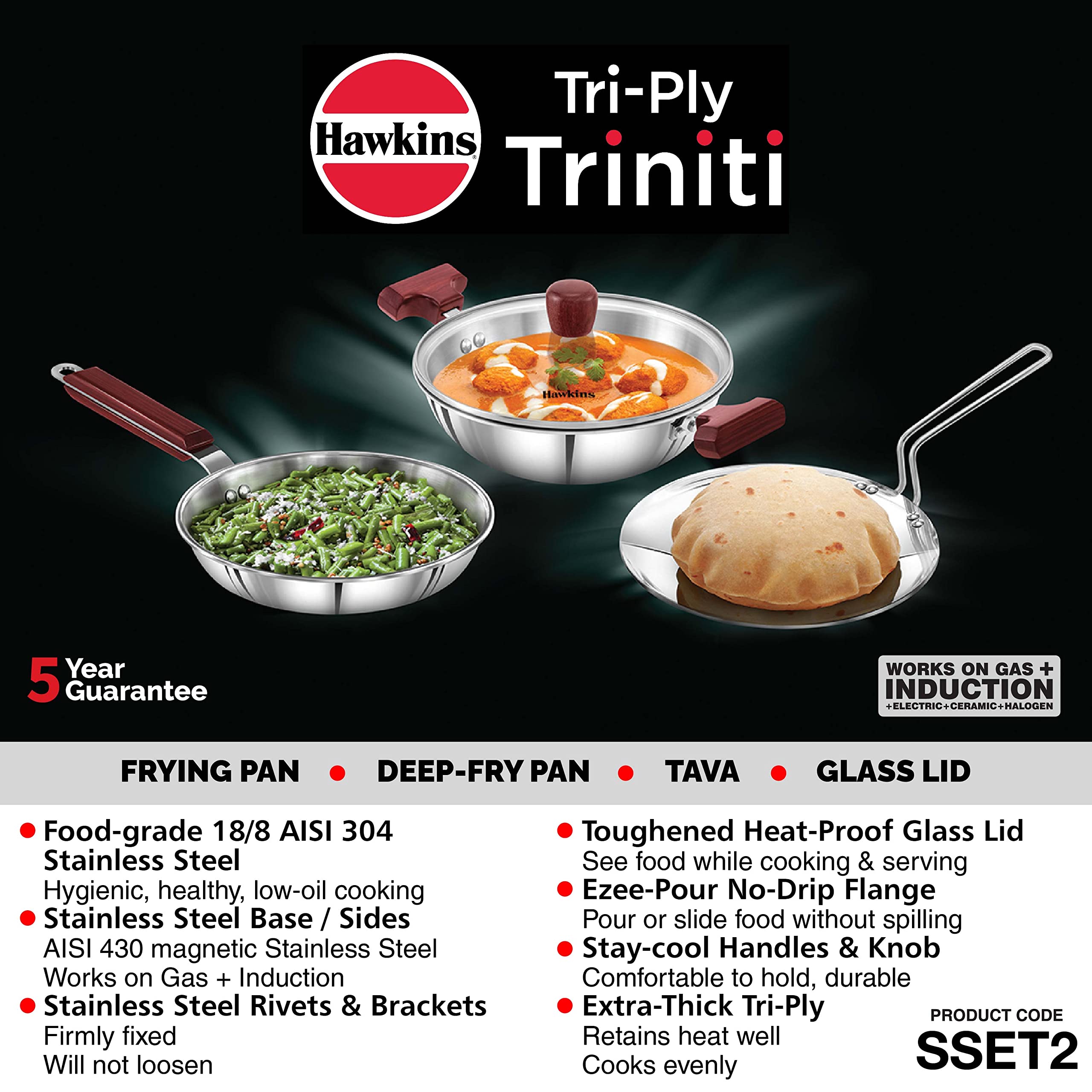 Hawkins Triniti 3 Pieces Triply Stainless Steel Cookware Set 2 - Frying Pan, Tava, Deep-Fry Pan with Glass Lid, Silver (SSET2)