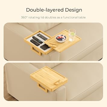 Wealone Bamboo Couch Arm Tray for Wide Couch, Sofa Arm Clip Table with Storage Box, Couch Armrest Tray with 360°Rotating Phone Holder, Sofa Arm Table Clip for Eating, Drinks or Dining